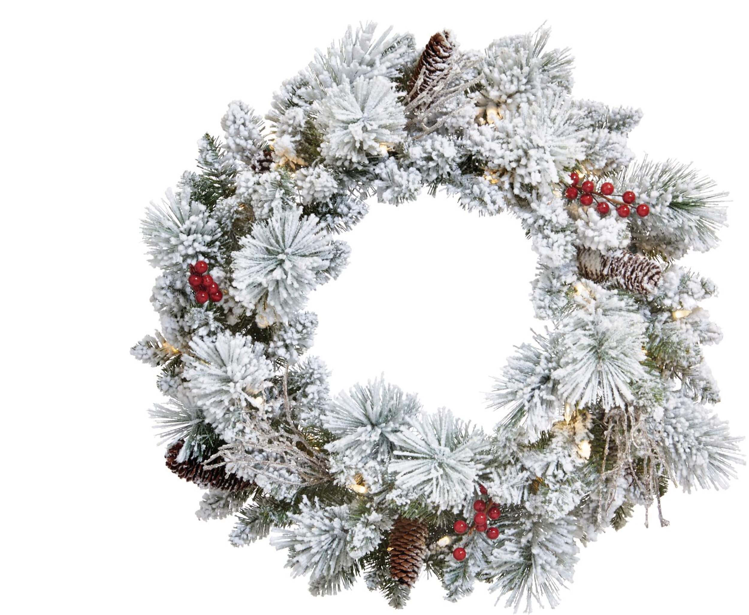 NOMA LED Pre-Lit Christmas Decoration Artificial Berry Flocked Wreath, 24-in Front_Flat