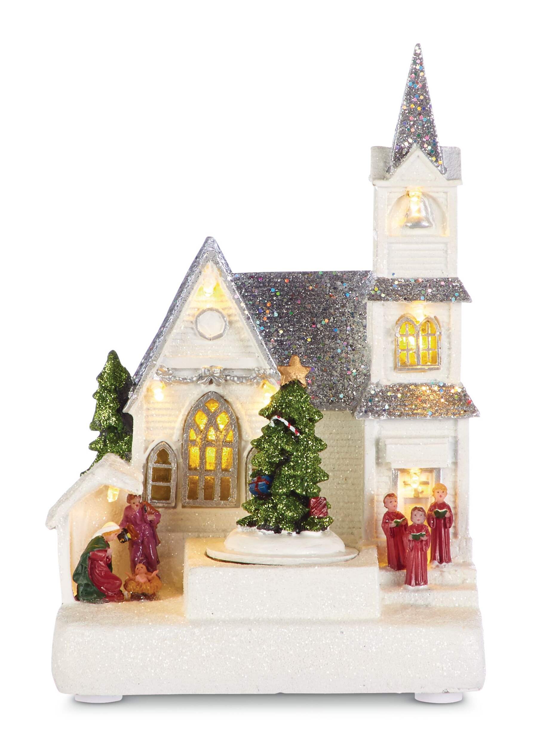 For Living Battery Operated Miniature Christmas Village Church Scene Decoration Set, 8-in Front_Flat