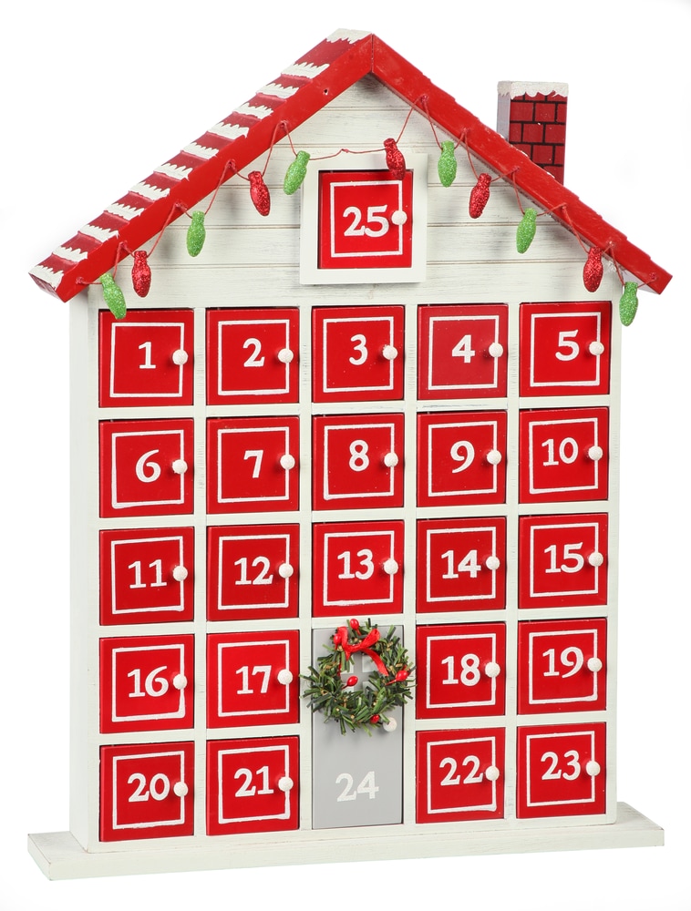 CANVAS Christmas Decoration Wood House Shaped Advent Calendar, 17in