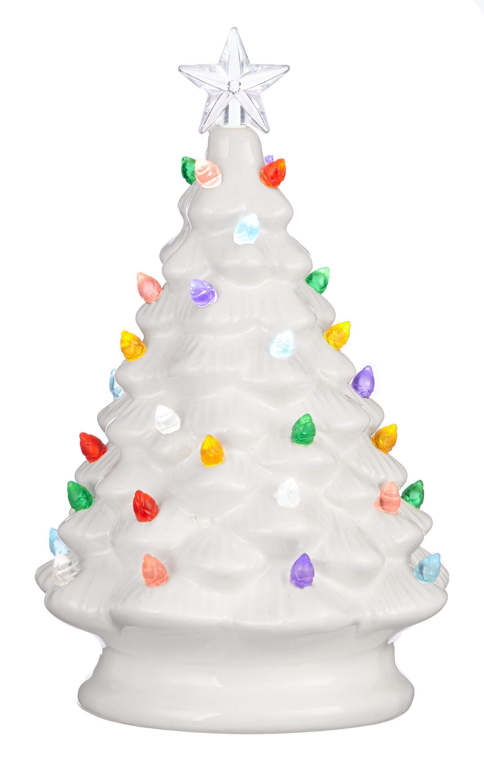 For Living Ceramic Battery Operated Christmas Decoration Tabletop Tree, White, 8-in Front_Flat