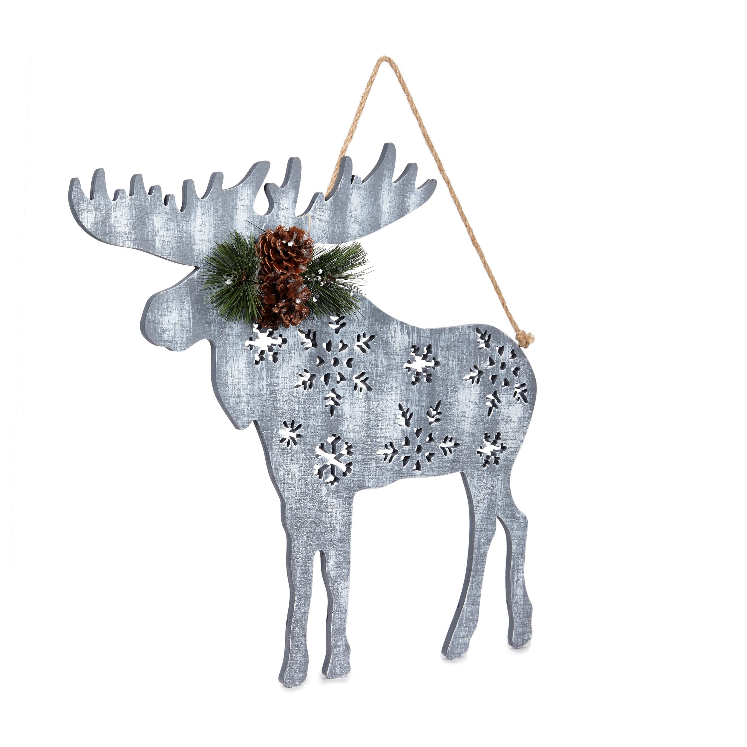 For Living Wooden Christmas Hanging Decoration Moose, Grey, 17 7/10-in