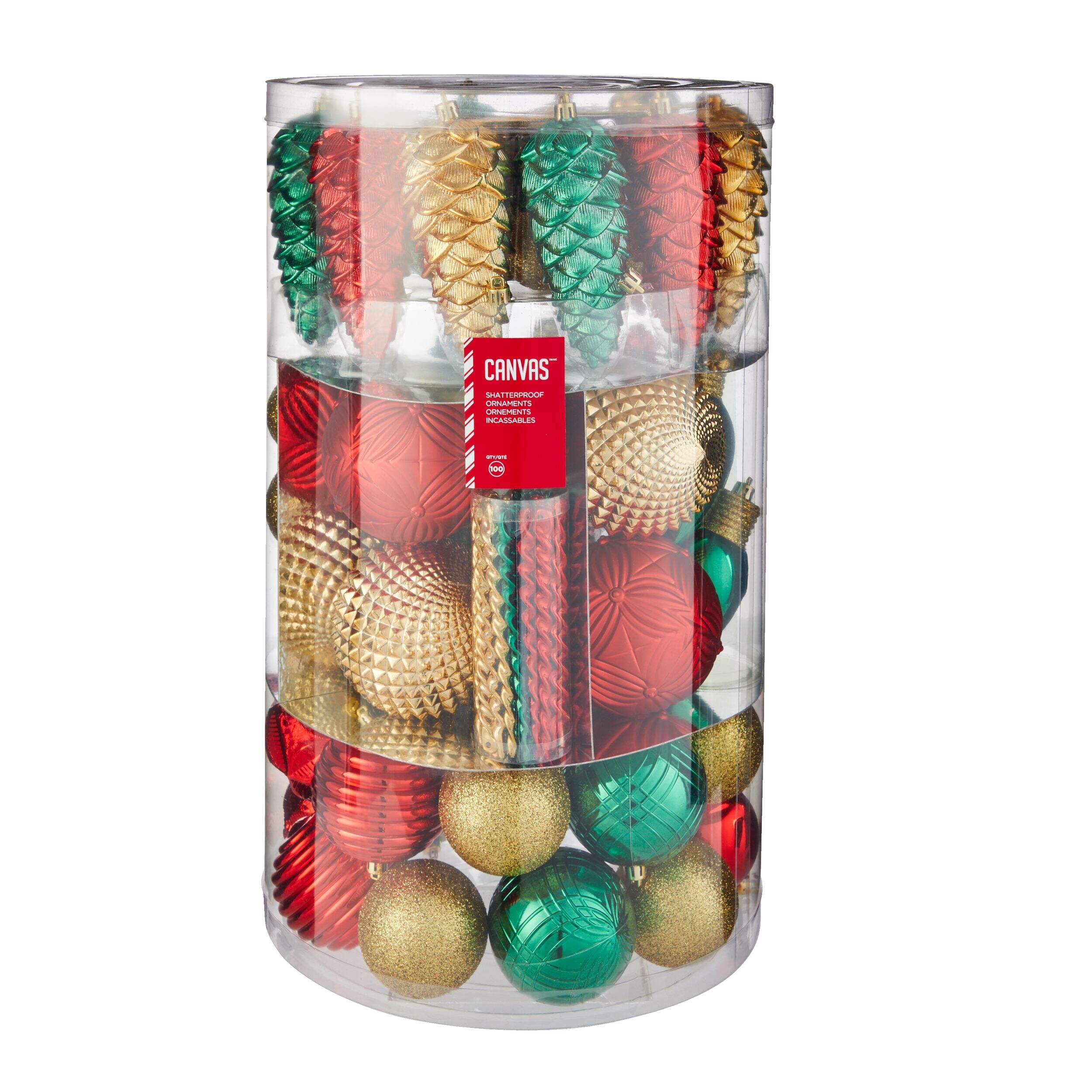 CANVAS Festive Shatterproof Decoration Mixed Shape, Christmas Ornament Set, 100-pc Front_Elevated