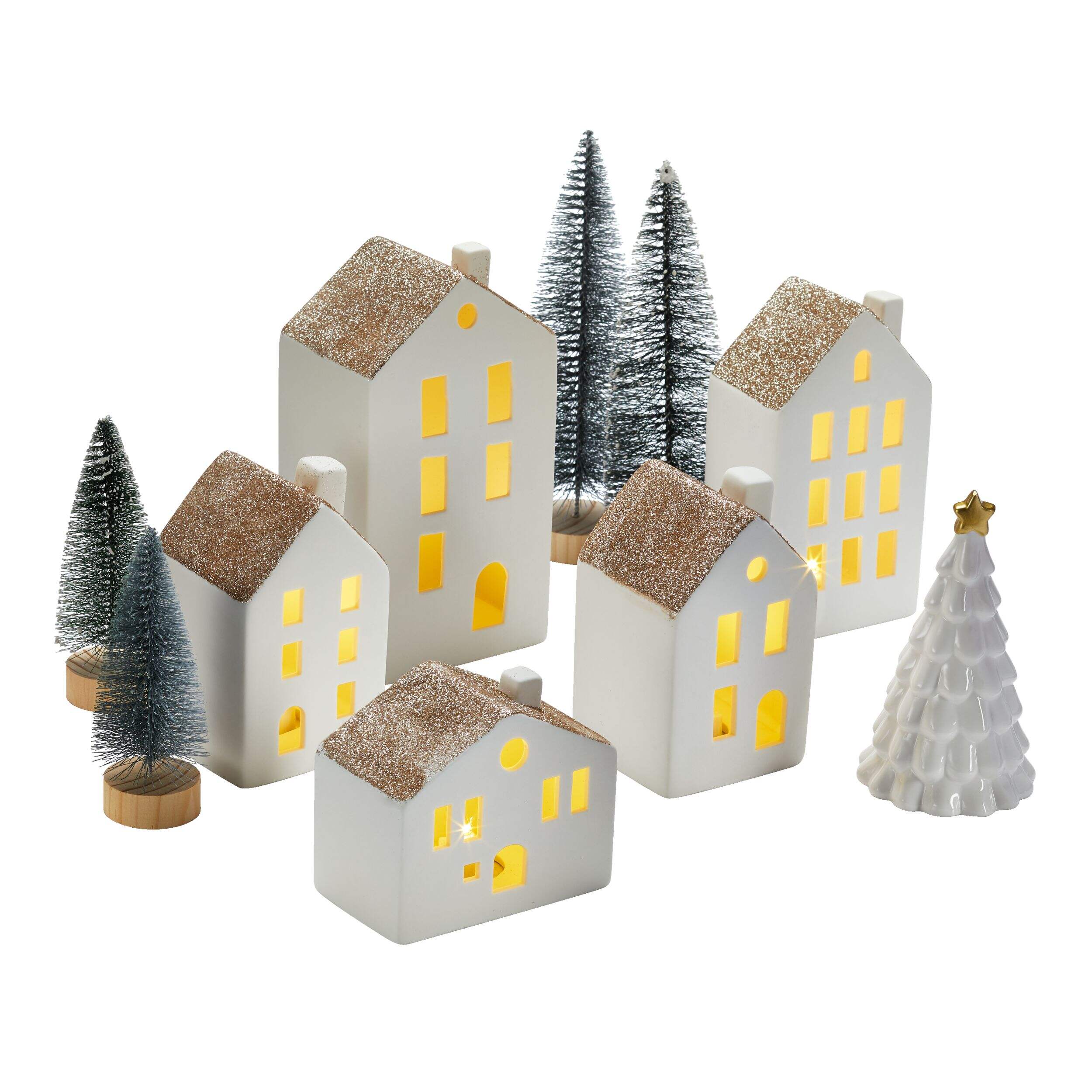 CANVAS Ceramic LED Christmas House Decoration Set, White, 10-pc Front_Three_Fourths_Angled_Right