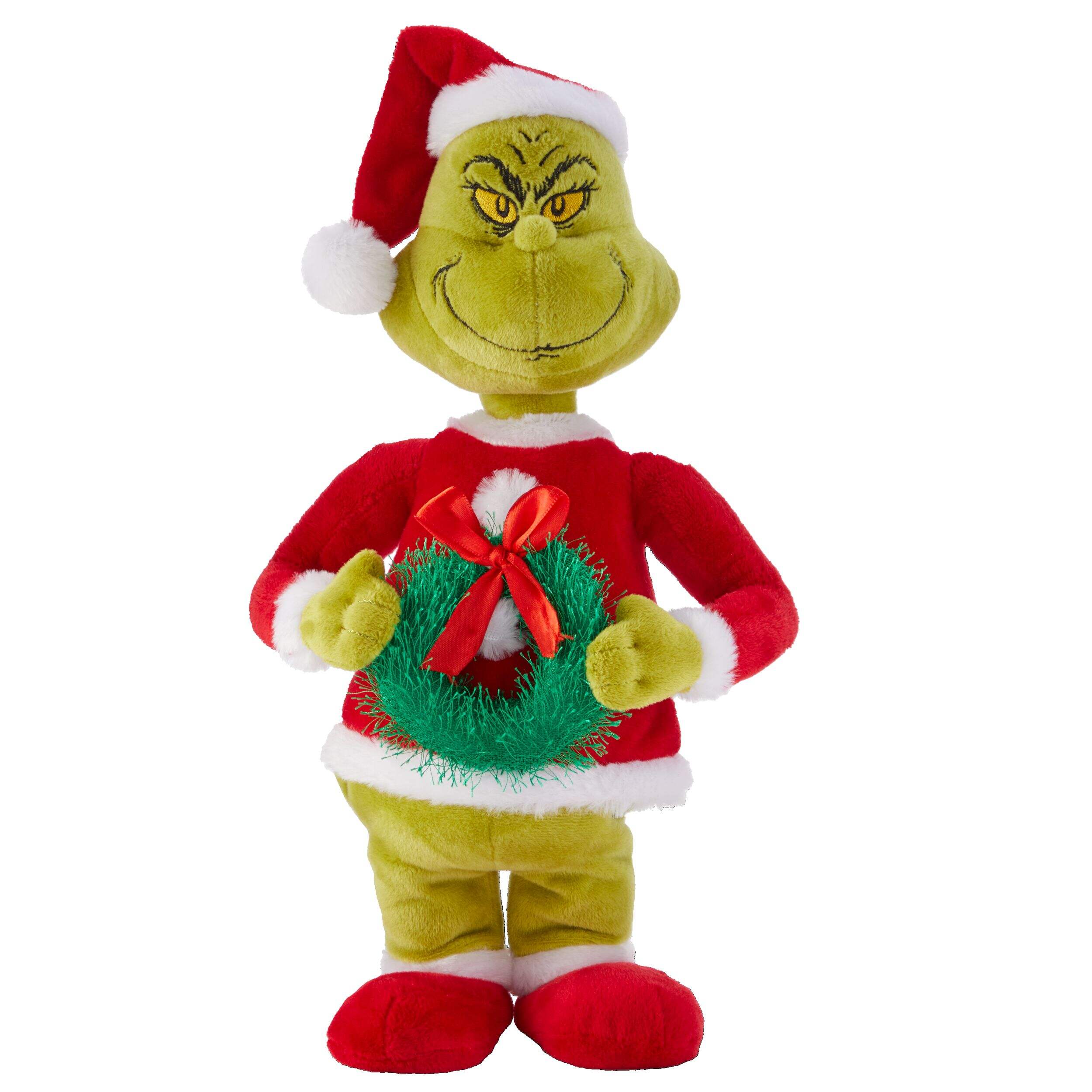 Gemmy Musical Side Stepper Christmas Grinch Table Top Décor with Wreath, 13-in Front_Flat