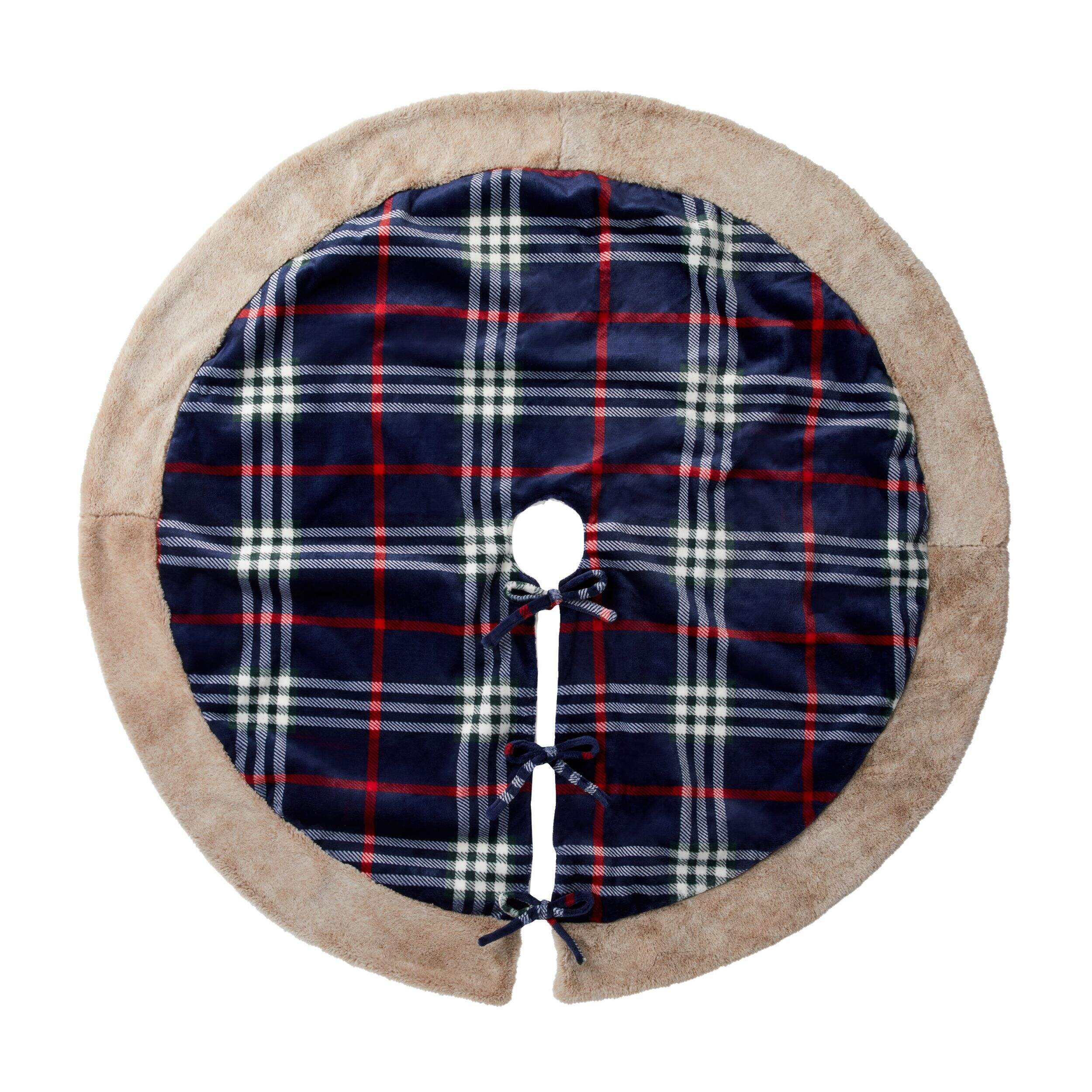 CANVAS Thoughtfully Sourced Christmas Decoration Plaid Tree Skirt, Blue, 48-in Overhead_Flat