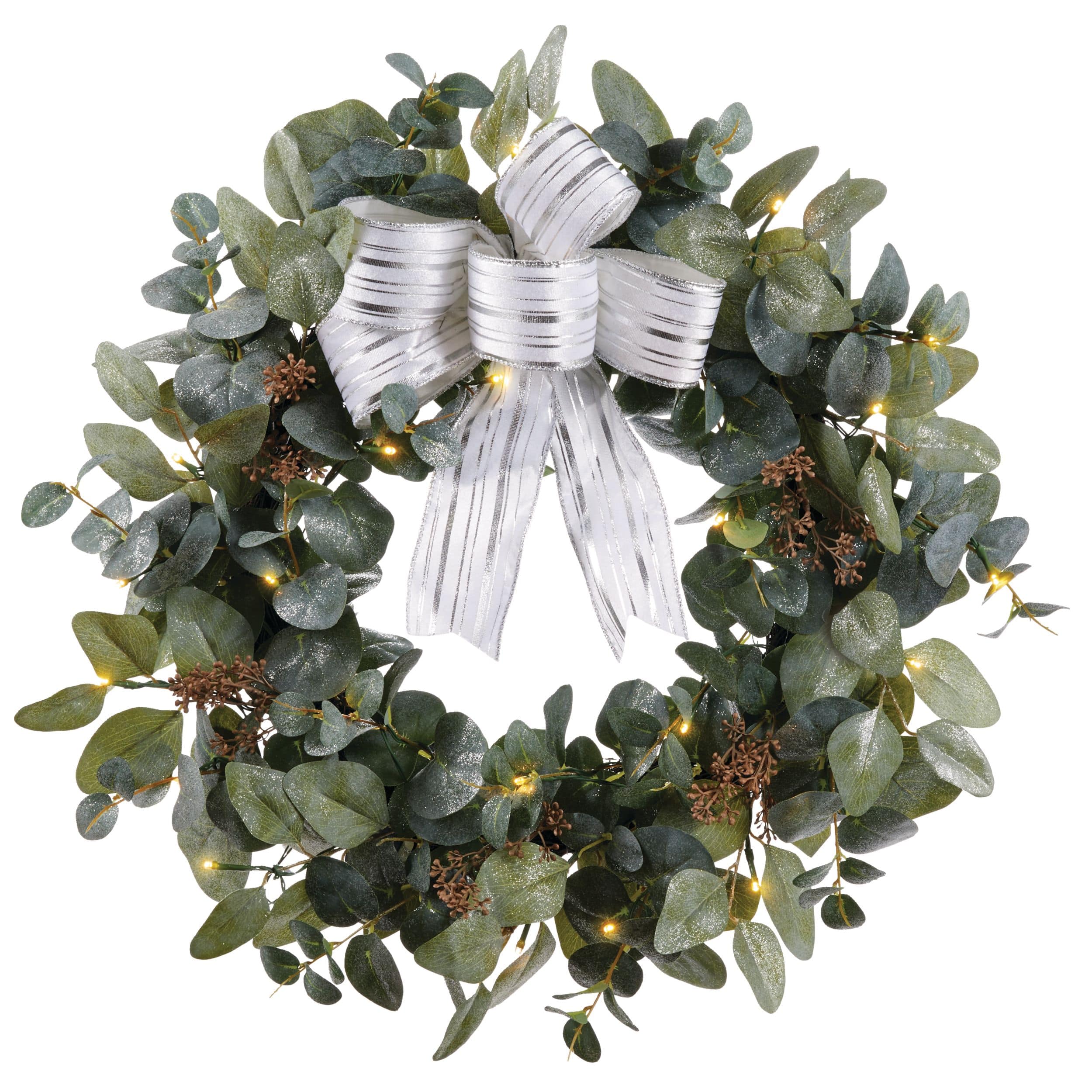 NOMA Pre-Lit Christmas Decoration Eucalyptus Wreath with Silver Bow, 24-in