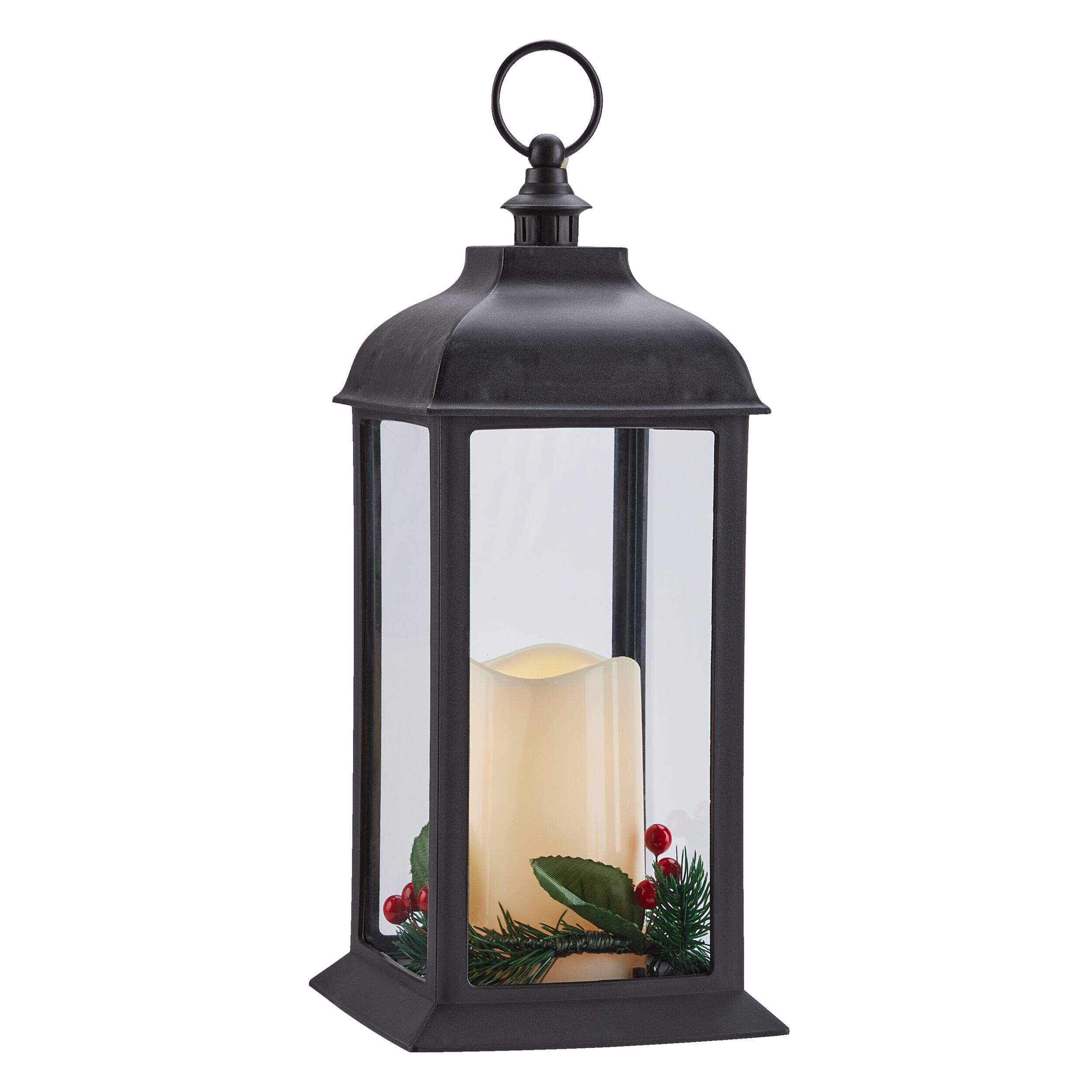 Bougie sans flamme lanterne à DEL, poinsettia, 12 po, noir, pour Noël Front_Angled_Right