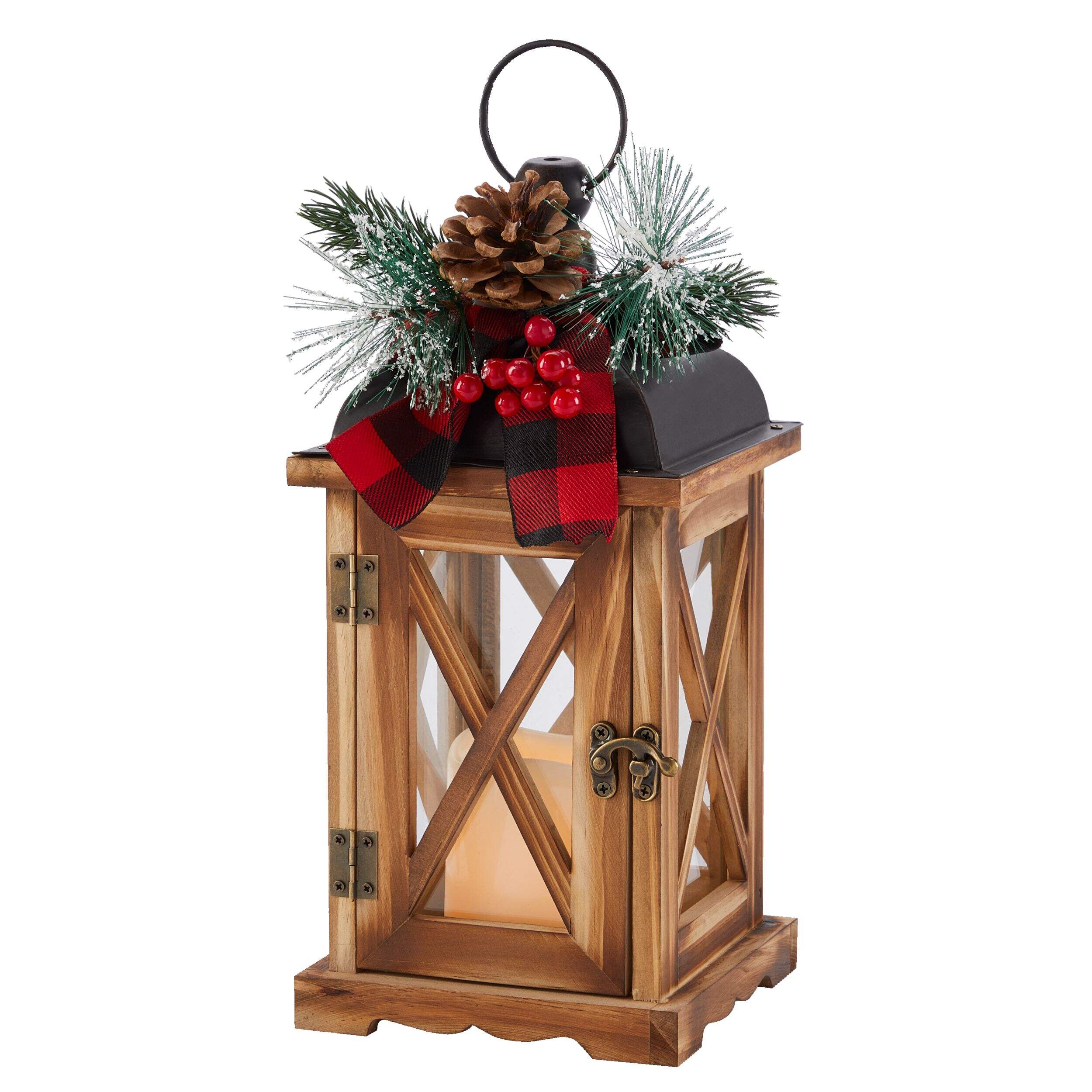 CANVAS Wooden LED Christmas Decoration Lantern, with Faux Candle, 12-in Front_Three_Fourths_Angled_Left