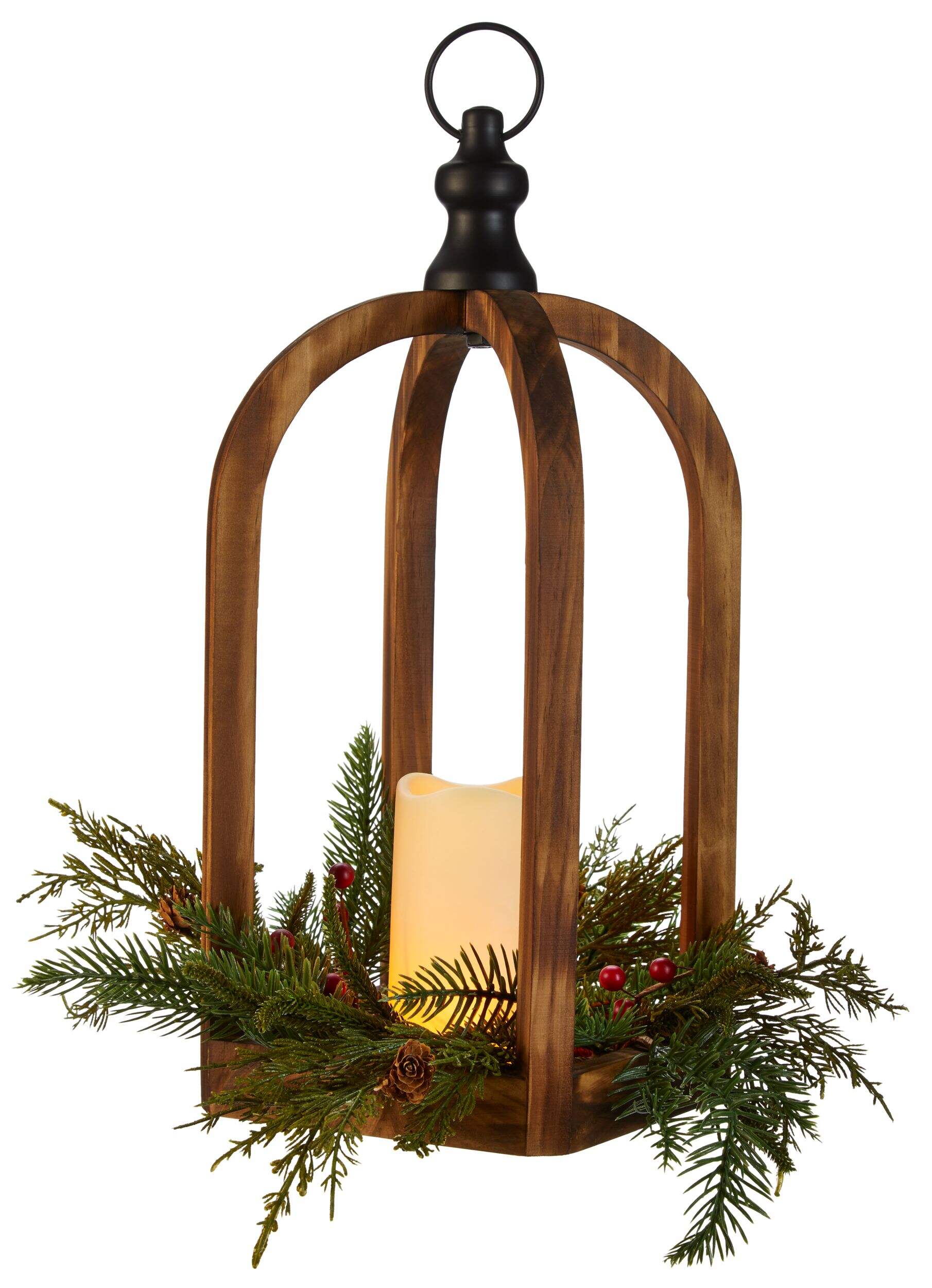 CANVAS Wooden LED Christmas Decoration Carved Lantern, with Faux Candle, 18-in Front_Angled_Left