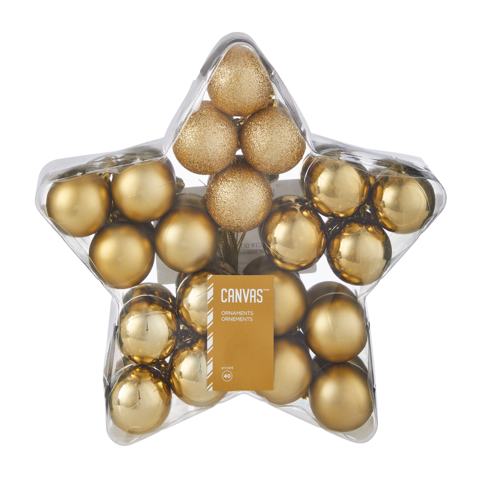 CANVAS Shatterproof Ball Christmas Ornament Set, in Star Case, Gold, 40