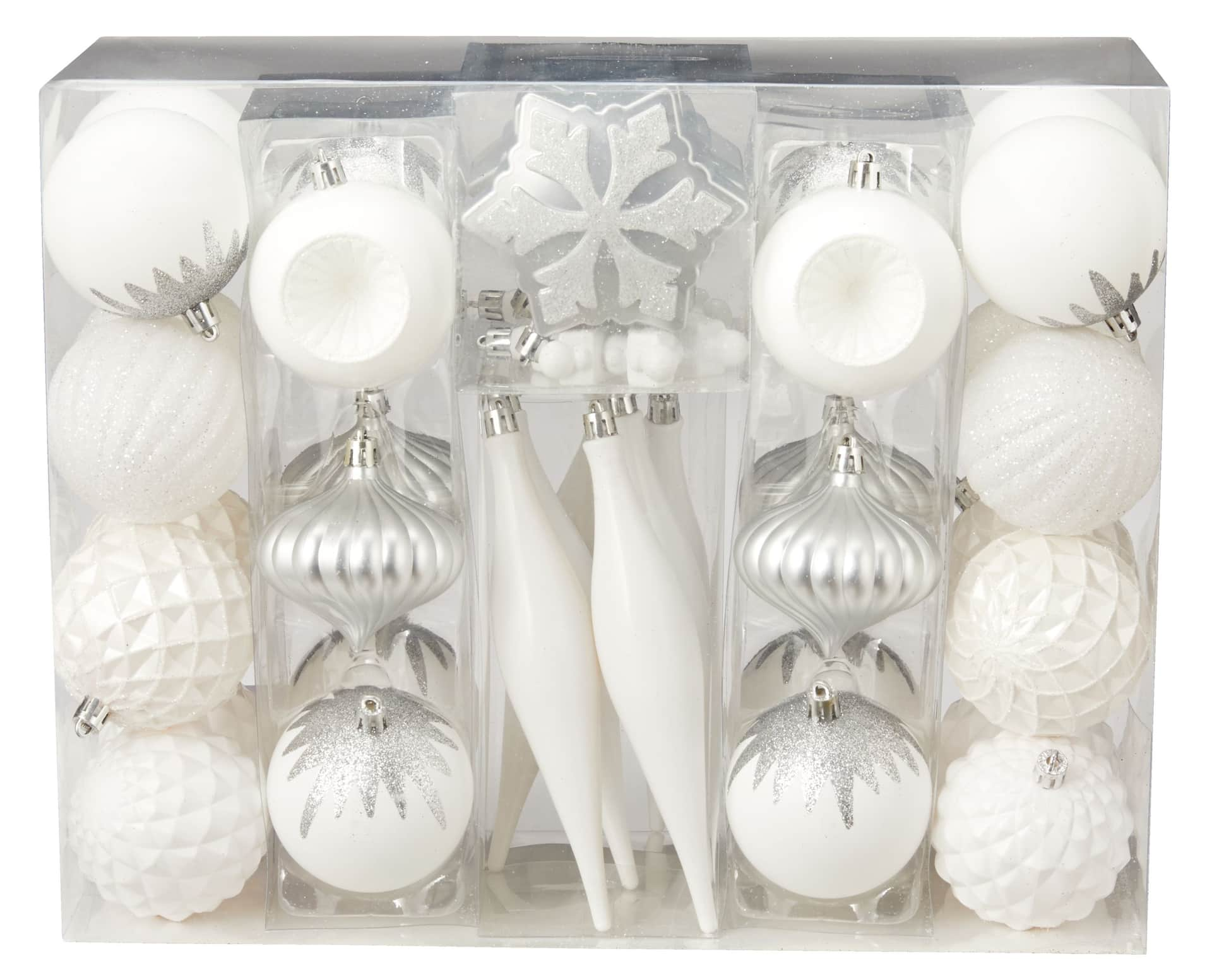 For Living White Collection Shatterproof Christmas Ornament Set ...