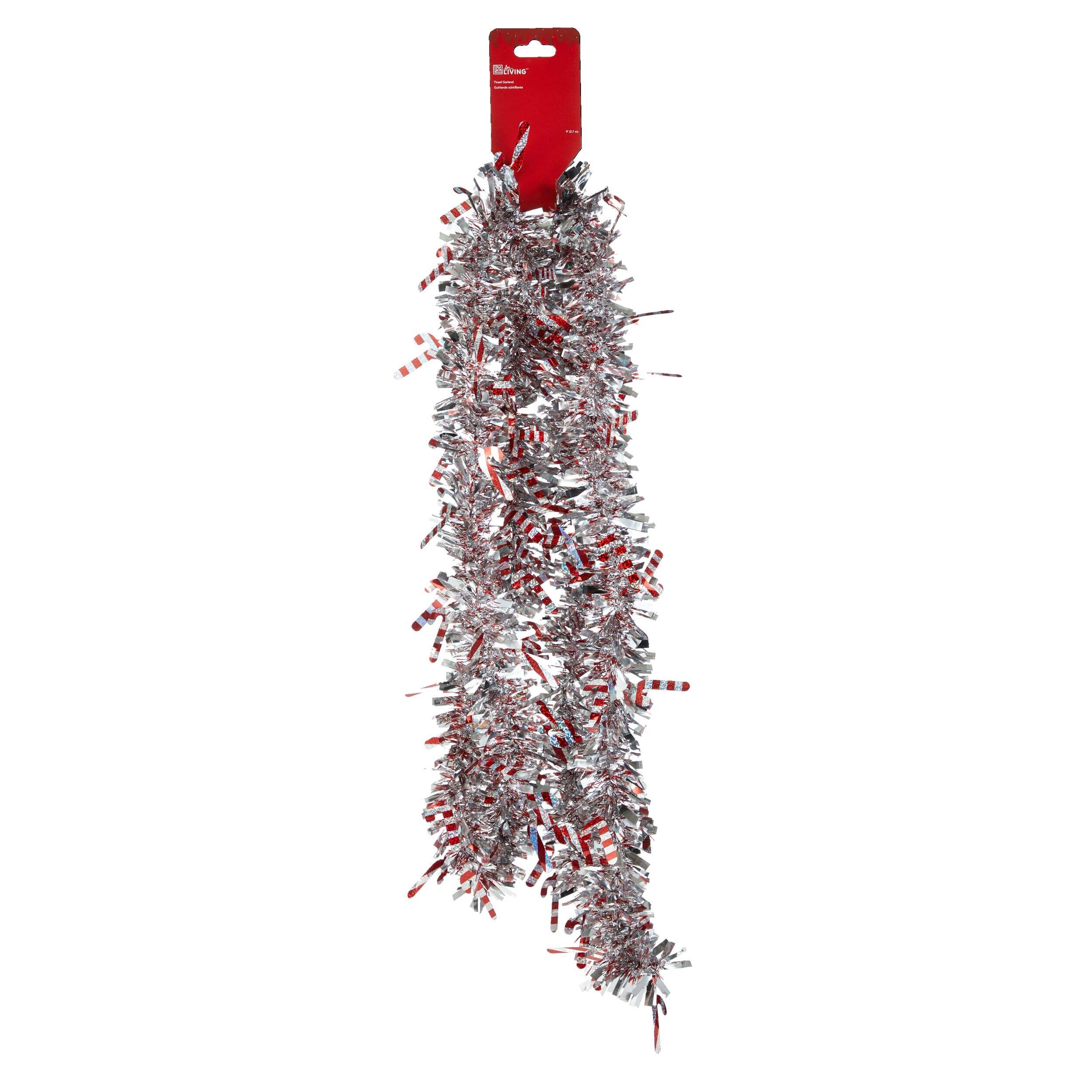 Décoration de Noël guirlande scintillante à icônes de canne de bonbon For Living, géant, argent, 9 pi Front_Flat