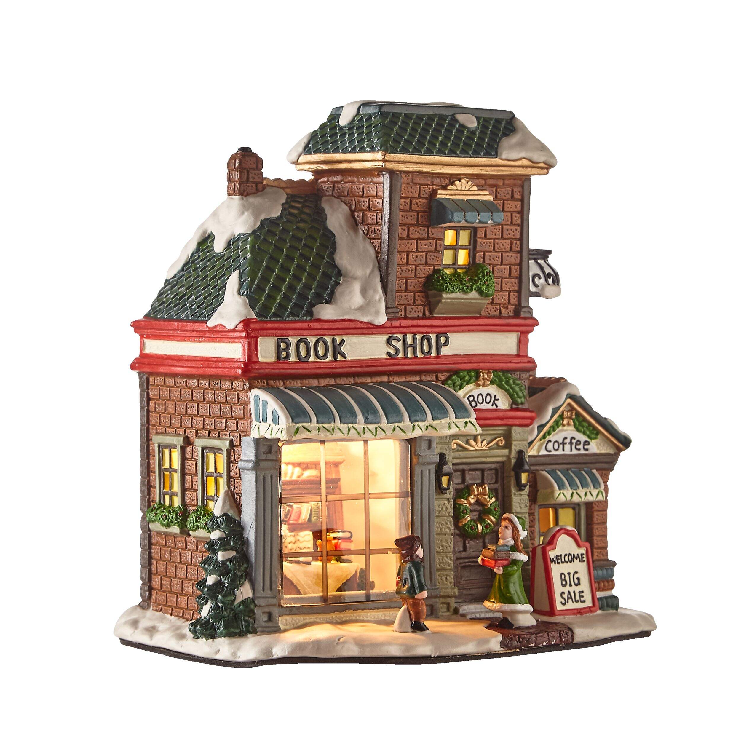 For Living LED Porcelain Christmas Village Book Shop Decoration Set, 7 1/2-in Front_Angled_Right