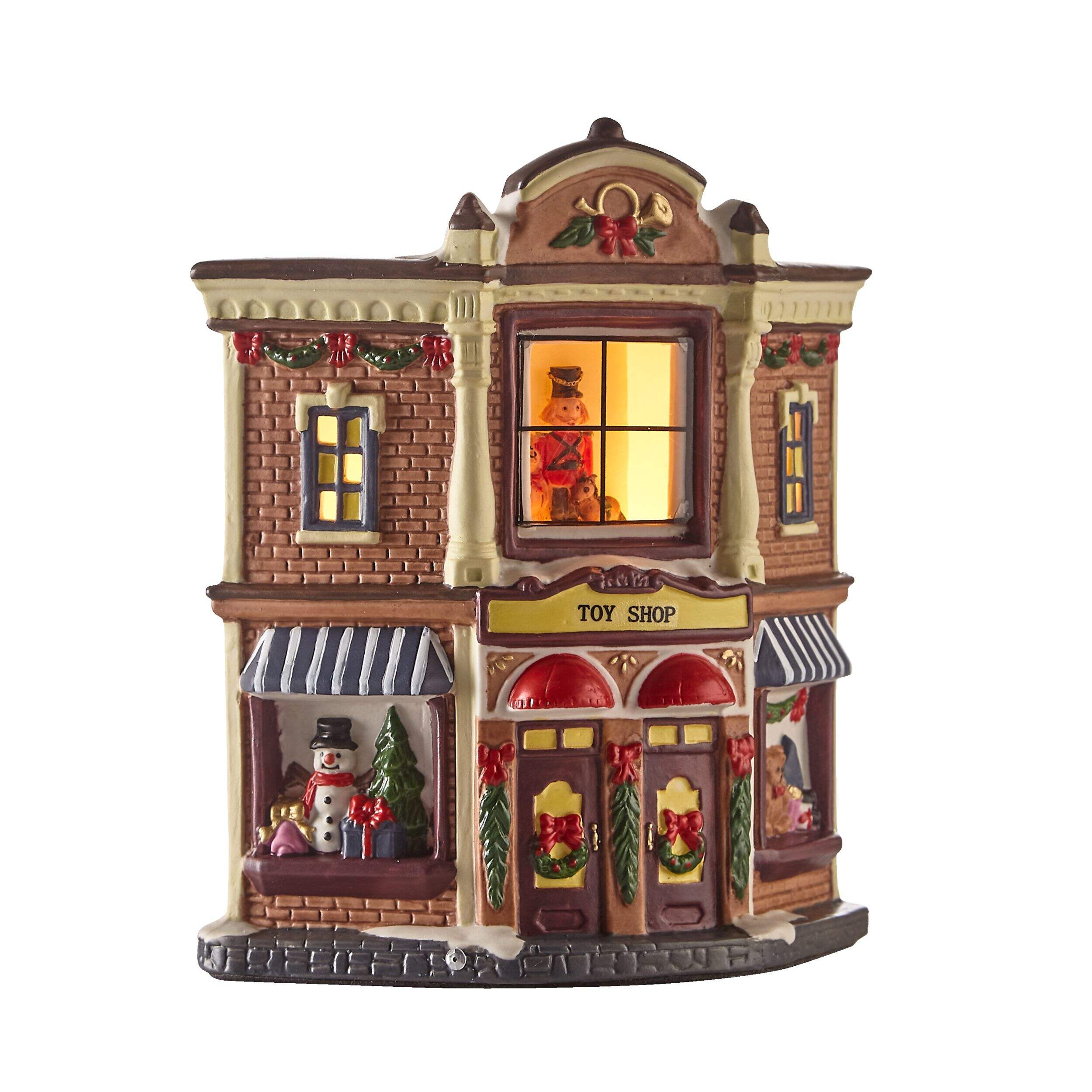 For Living LED Porcelain Christmas Village Toy Shop Decoration Set, 6-1/2-in Front_Angled_Right