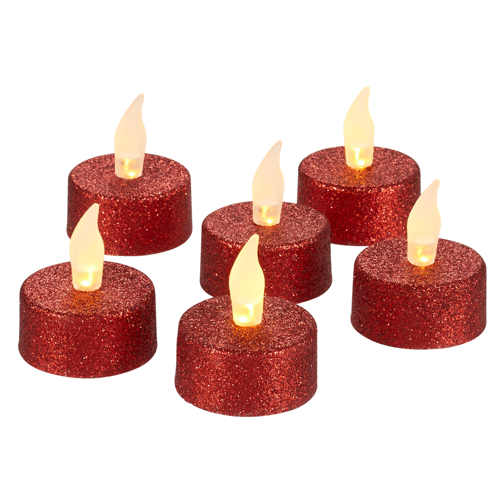 LED Christmas Glittering Decoration Tea Light Candles, Red, 1 5/8in, 6