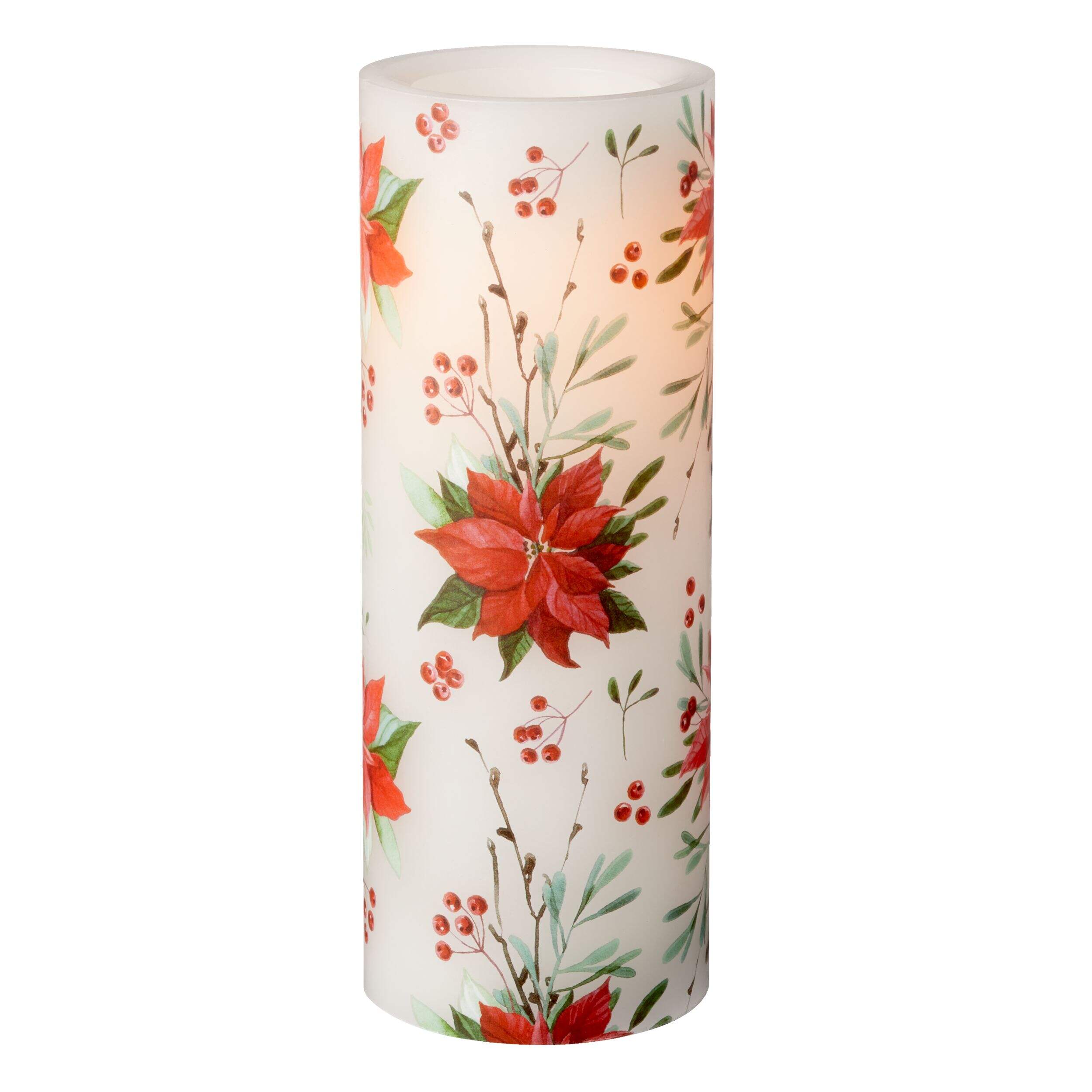 Bougie 400 heures à piles Inglow Wax, blanc/rouge, poinsettia, 8 po, pour Noël Front_Flat