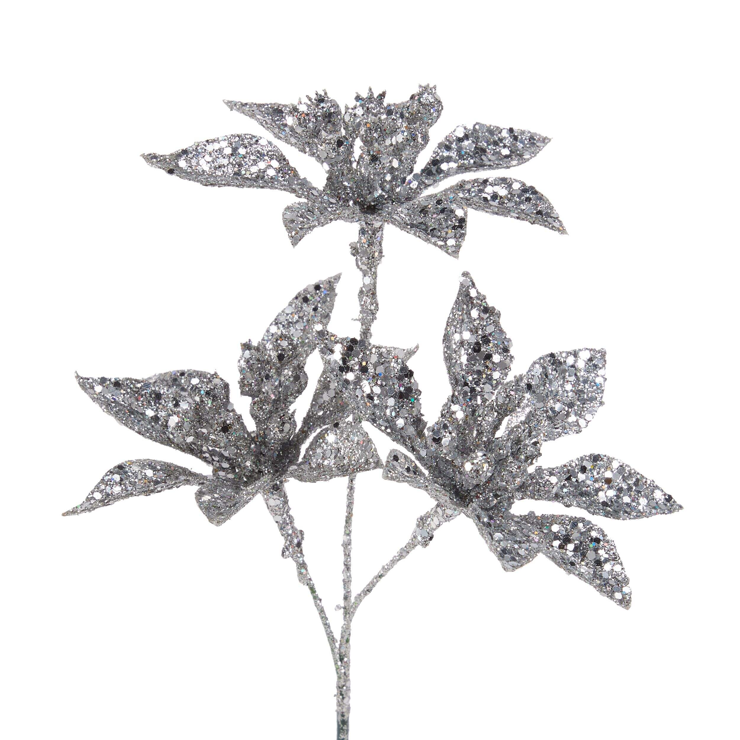 Décoration de Noël piquet de poinsettia scintillant CANVAS, petit, argent, 9 po Front_Flat