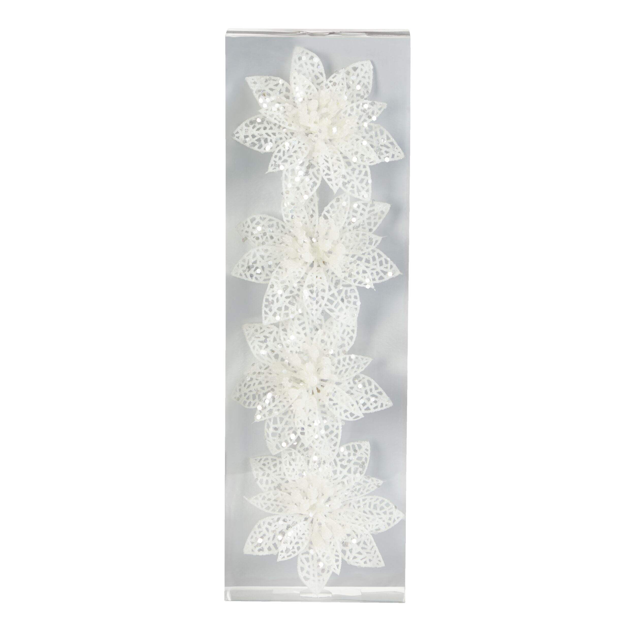 CANVAS White Collection Decoration Poinsettia Clip Christmas Ornament Set, 4-in, 4-pk Front_Flat