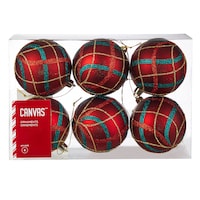 CANVAS Red Collection Decoration Plaid Ball Christmas Ornament Set, Red & Green, 80-mm, 6-pk Front_Elevated