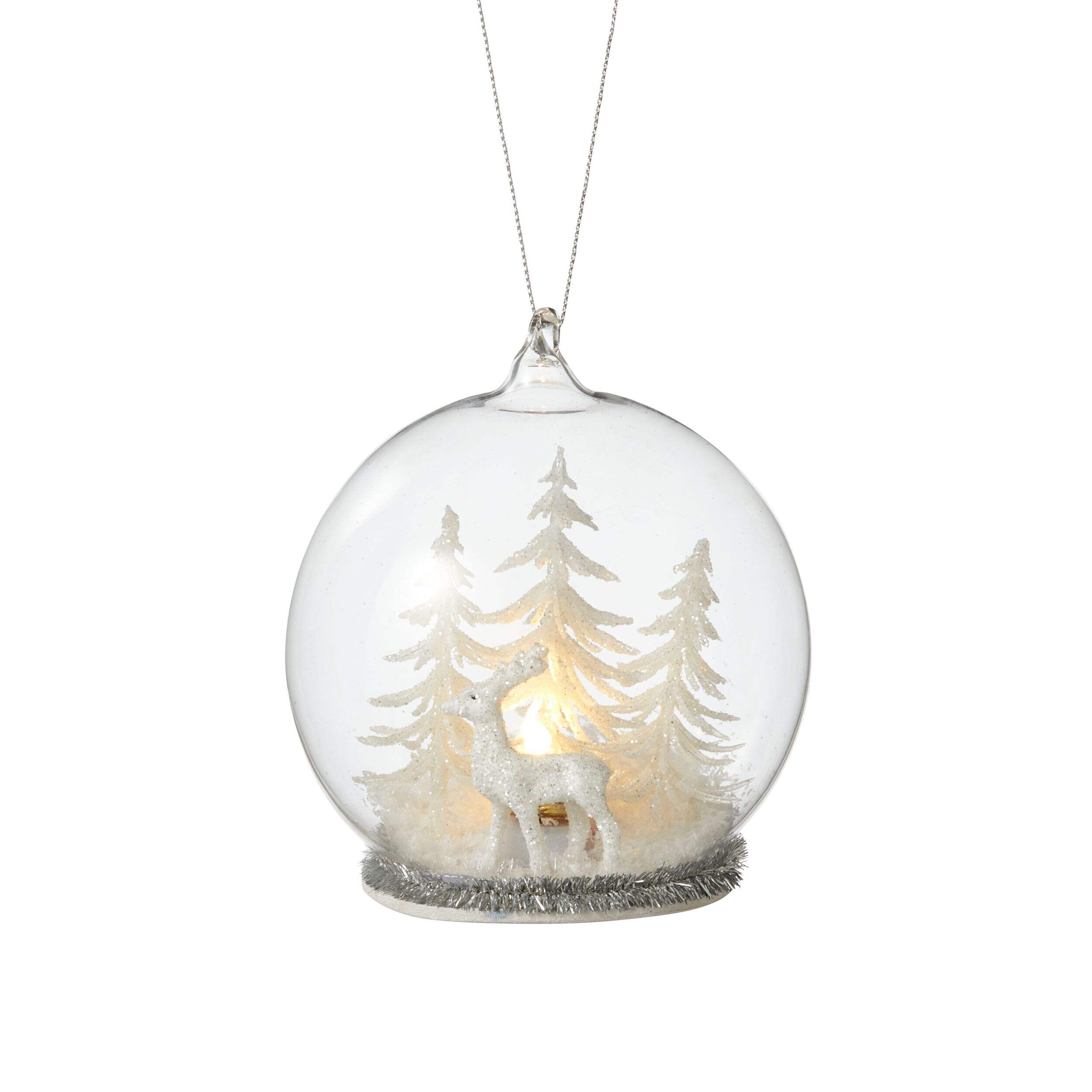 CANVAS White Collection Glass Light Up Snow Globe with Deer Scene Christmas Ornament Front_Flat