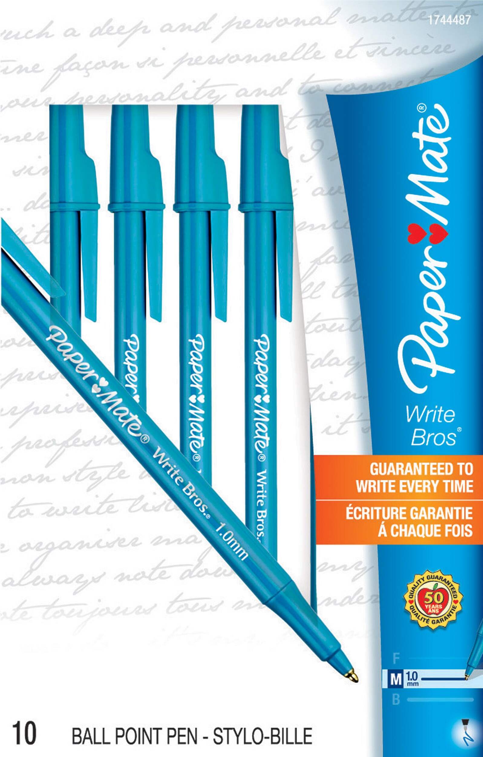 Paper Mate Ballpoint Pens, Write Bros. Blue Ink Pens, Medium Point (1.0mm), 10 Count Front_Flat