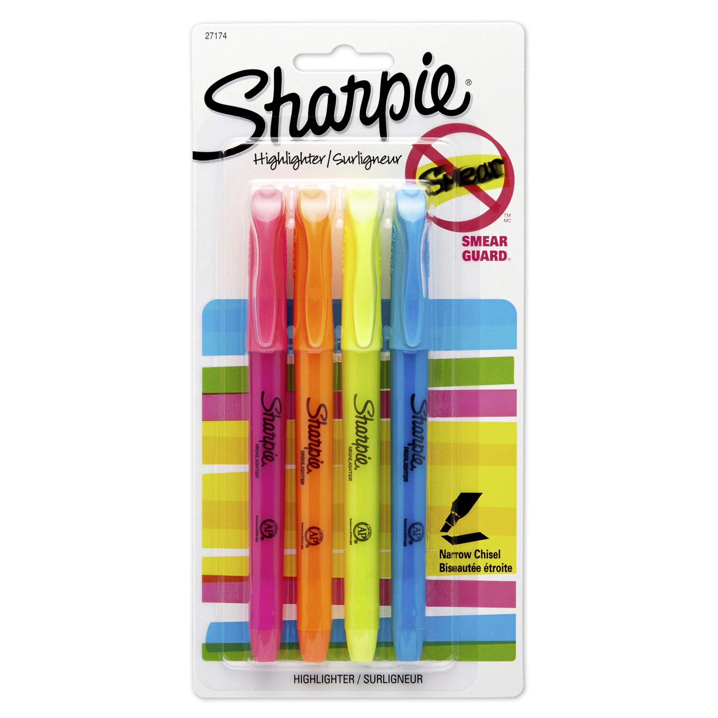 Sharpie Pocket Highlighters, Assorted Colours, Chisel Tip, 4 Count Front_Flat
