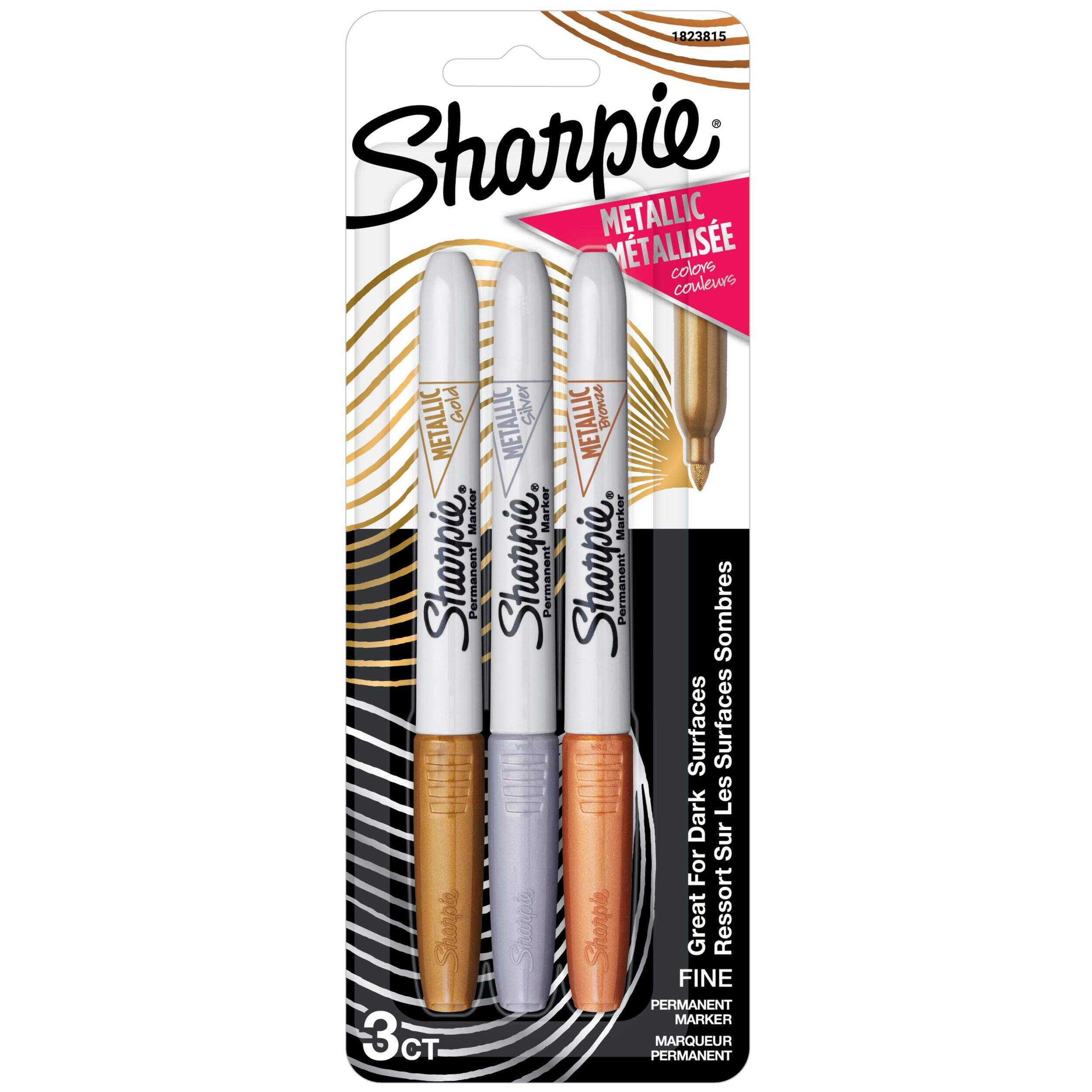 Sharpie Metallic Permanent Markers, Fine Point, Assorted Colours, 3 Count Front_Flat