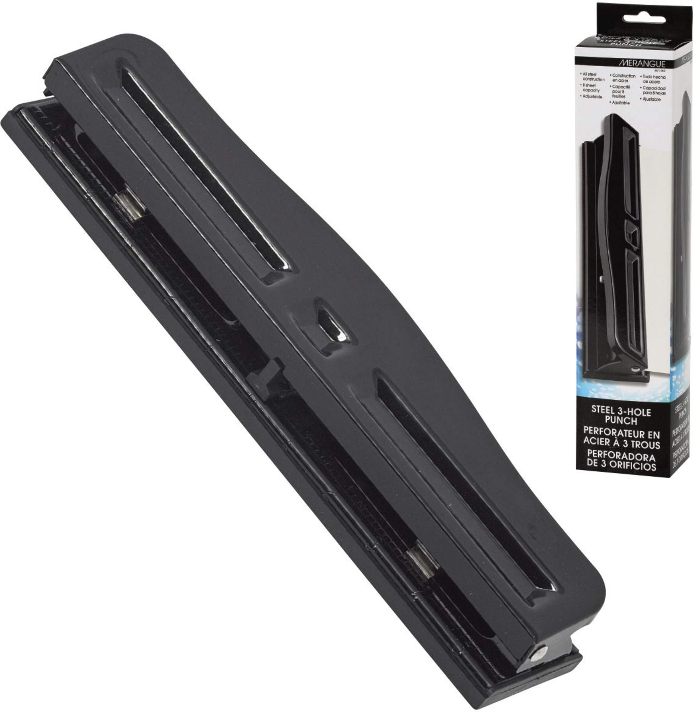 Merangue Steel 3-Hole Punch, 8-Sheet Capacity, Adjustable, Black Overhead_Plunge
