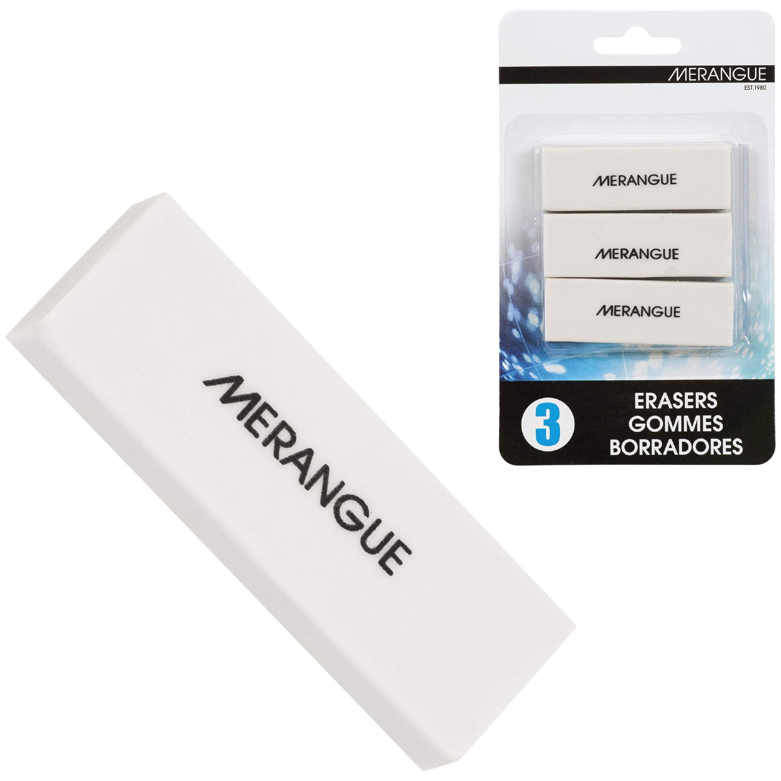 Merangue Vinyl Latex-Free Erasers, White, 3 Pack Overhead_Flat