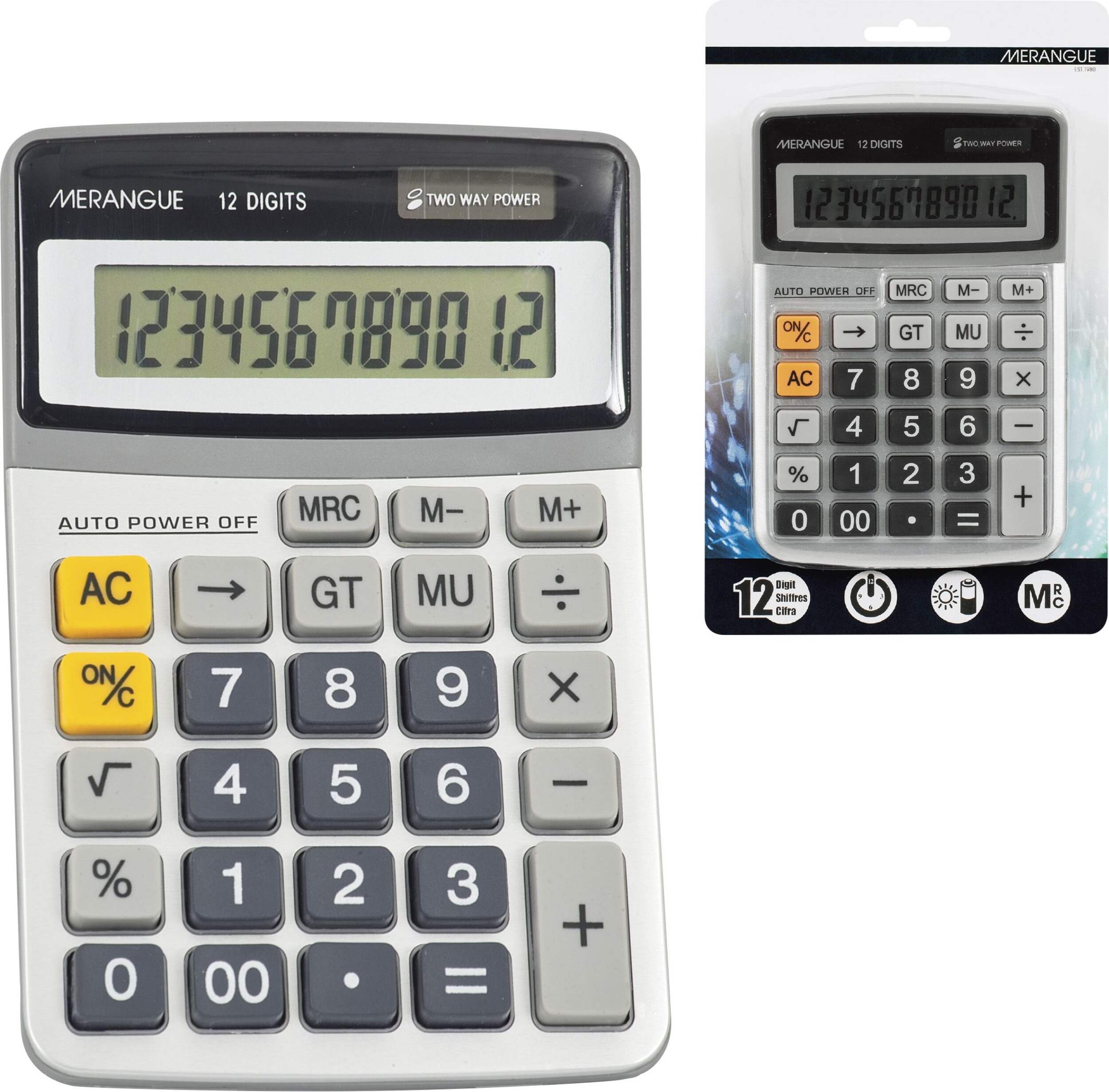Merangue 12-Digit Standard Function Desktop Calculator, Dual Powered Front_Flat