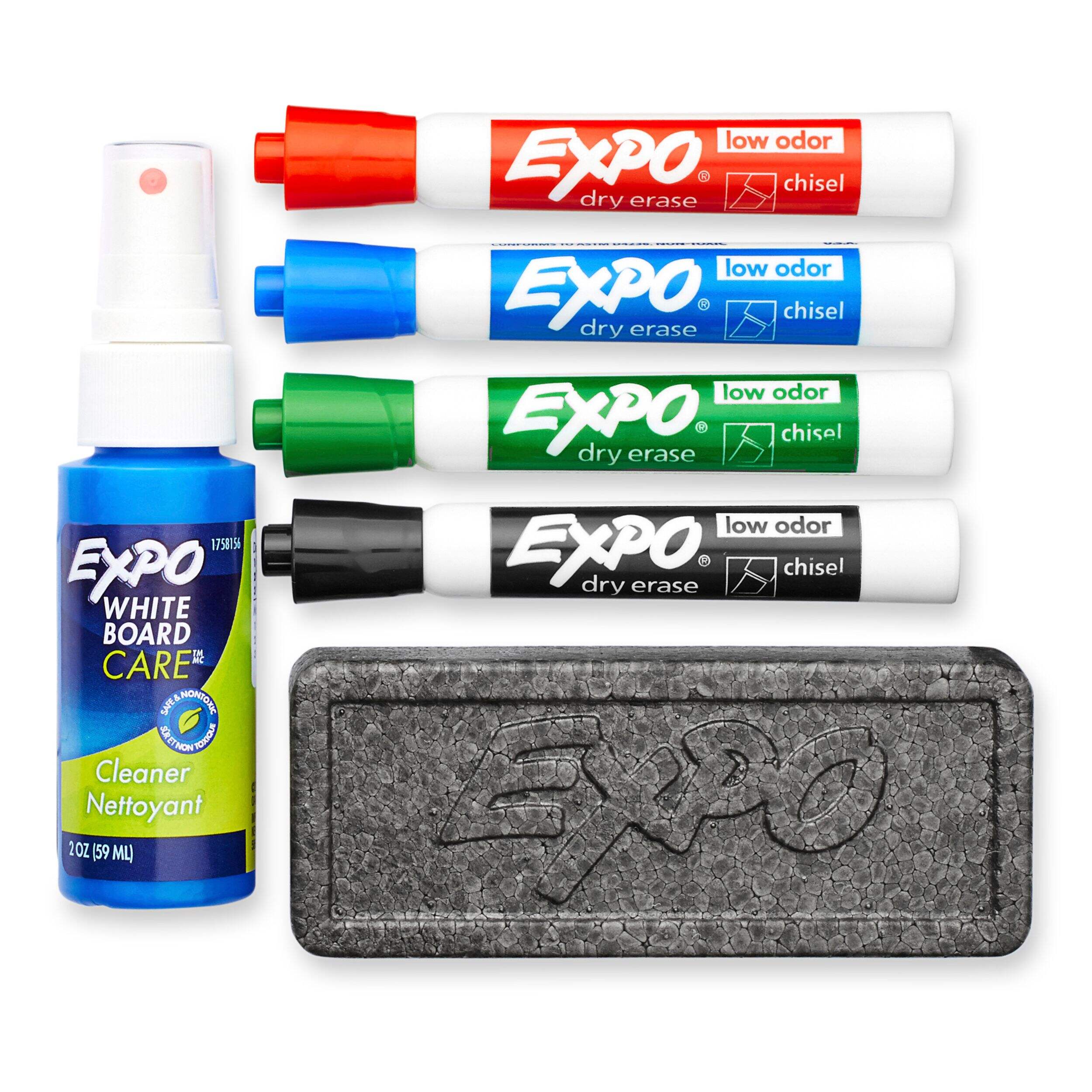 Expo Chisel Tip Low Odour Assorted Dry Erase Marker Starter Kit, 4-pk, Eraser, & Spray Composite_or_Mixed