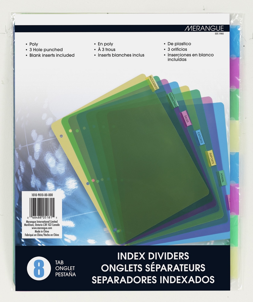 Merangue Poly Index 3Hole Dividers with Blank Tabs, 8pk Canadian Tire