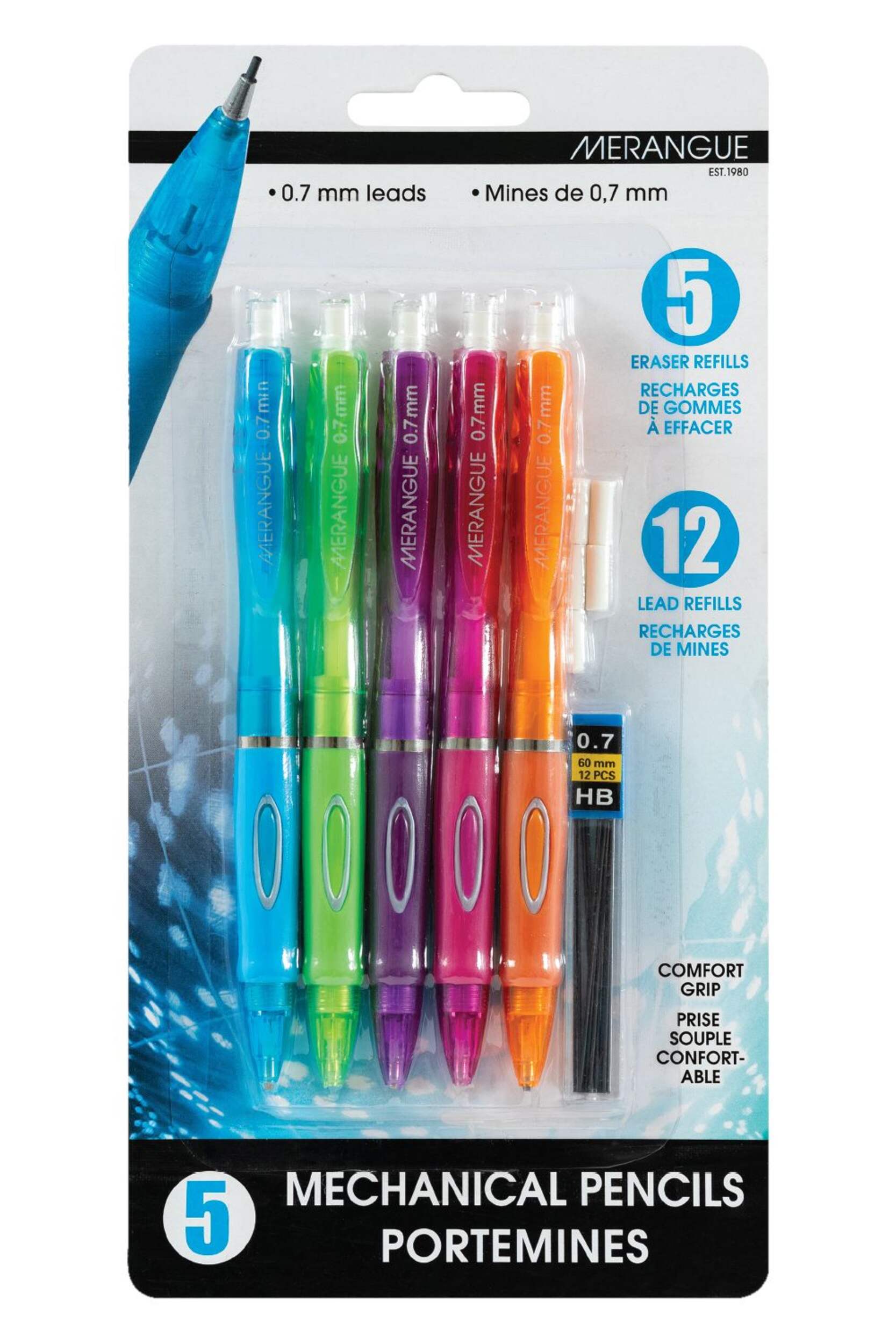 Merangue Side Click 0.7mm Mechanical Pencils, with Eraser and Lead Refills, 5 Pack Front_Flat