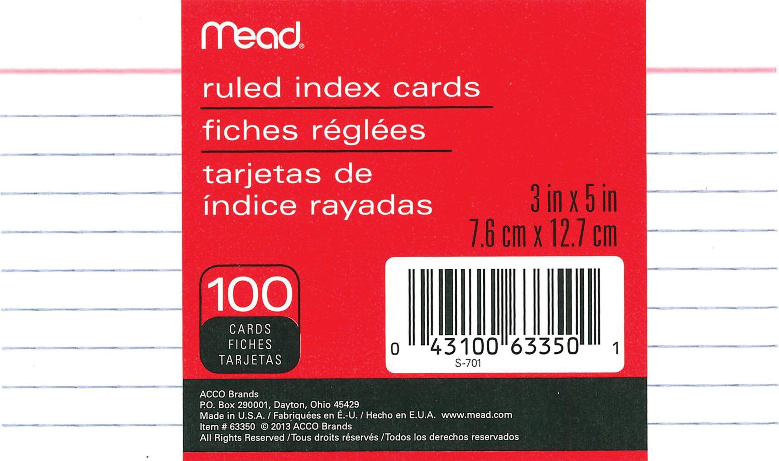 Mead Lined Index Cards, 3 x 5-in, 100-pk Front_Flat