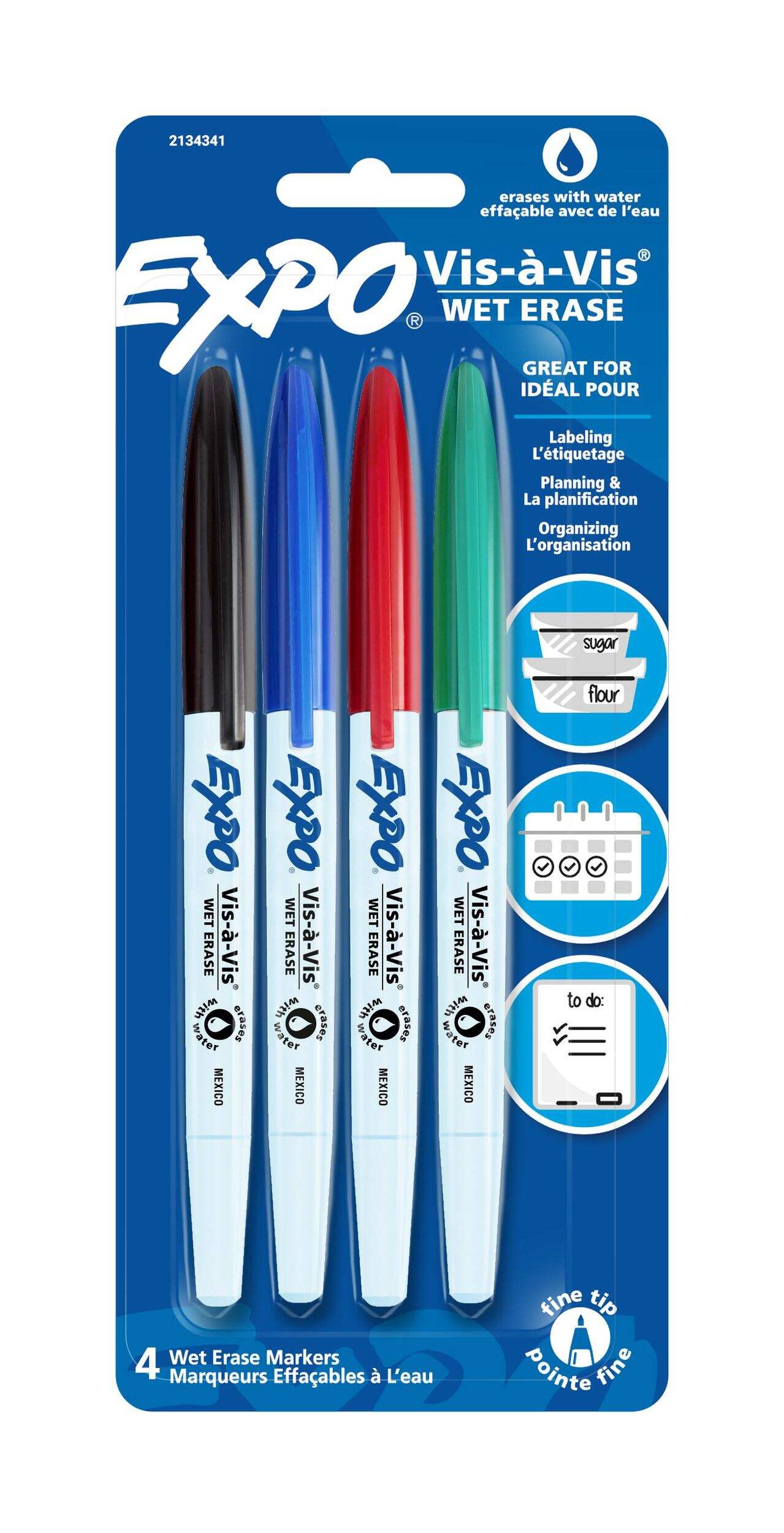 Expo Vis-a-Vis Wet Erase Markers, Fine Point, Assorted Colours, 4 Count Front_Flat
