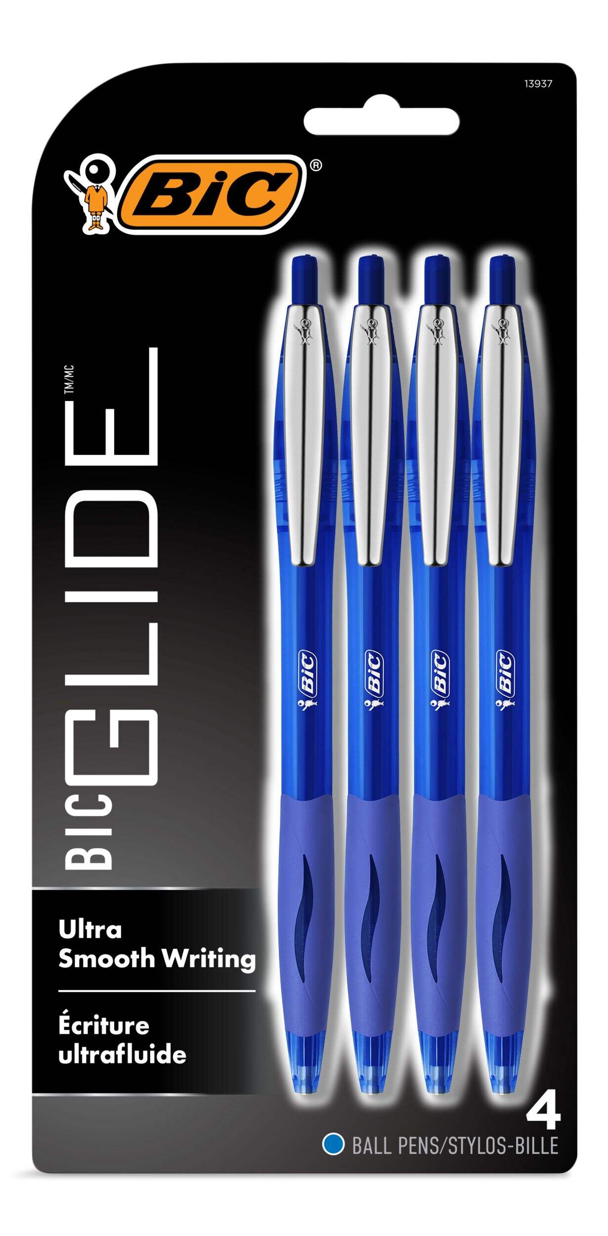 BIC Glide Medium Point Retractable Blue Ink Ballpoint Pens, 4-ct Front_Flat