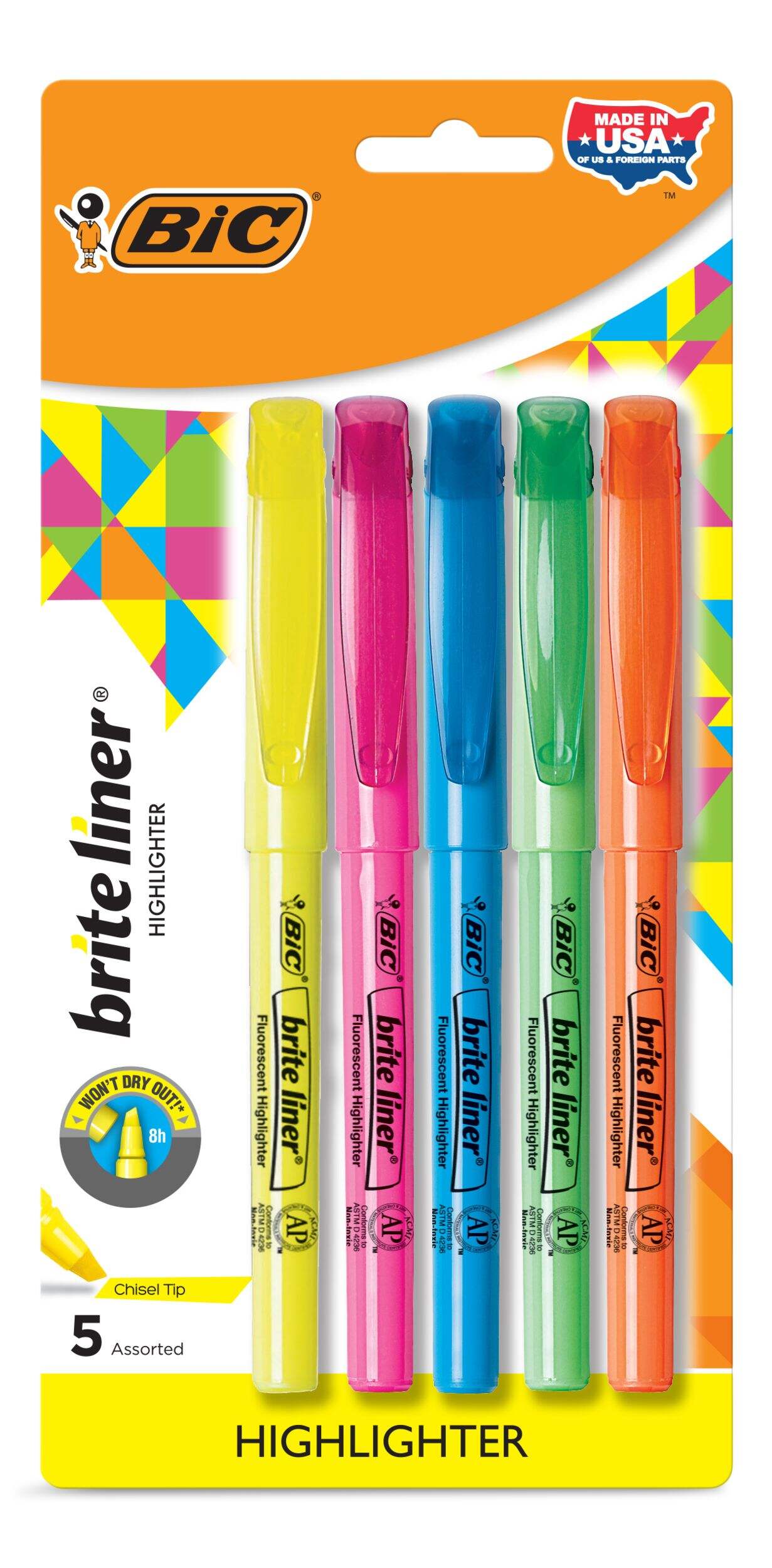 BIC Brite Liner Chisel Tip Highlighters, Assorted, 5-ct Front_Flat