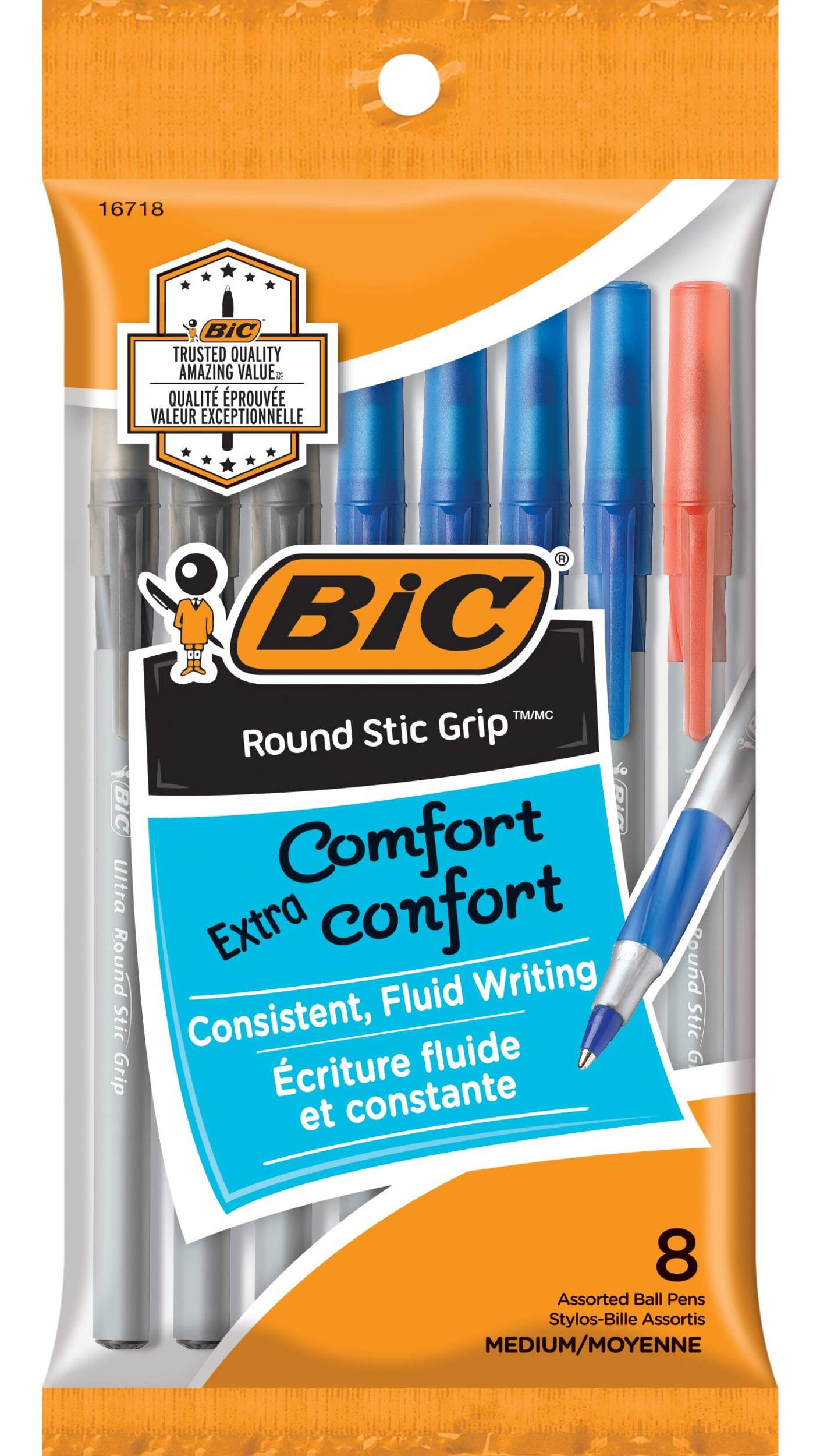 BIC Round Stic Grip Medium Point Stick Pens, Assorted, 8-ct Front_Flat