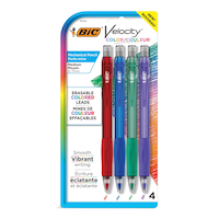 BIC Velocity Erasable Coloured Lead Medium 0.7mm Mechanical Pencils, 4-ct