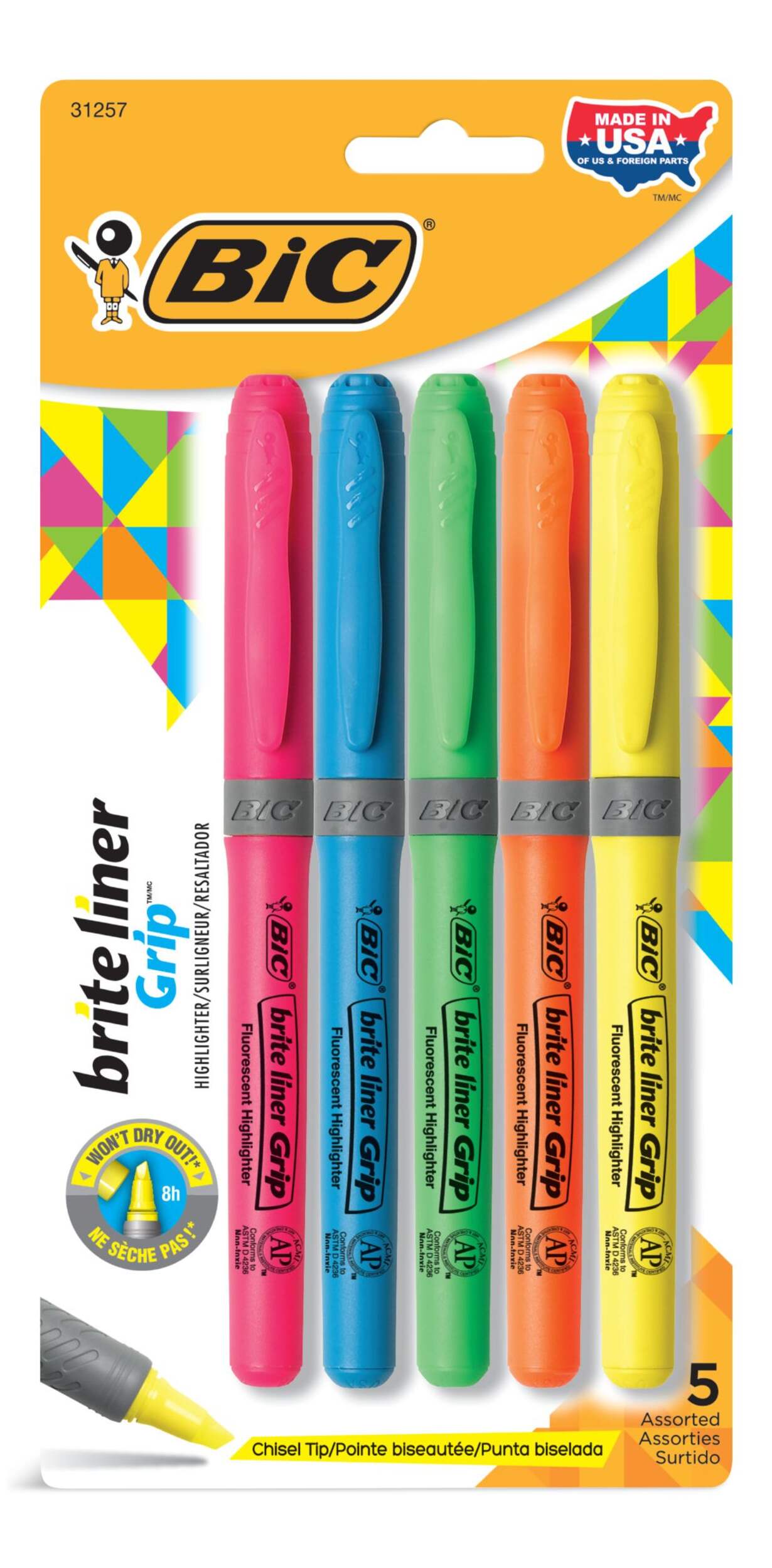 BIC Brite Liner Grip Highlighter with Chisel Point, Assorted Colours, 5-ct Front_Flat