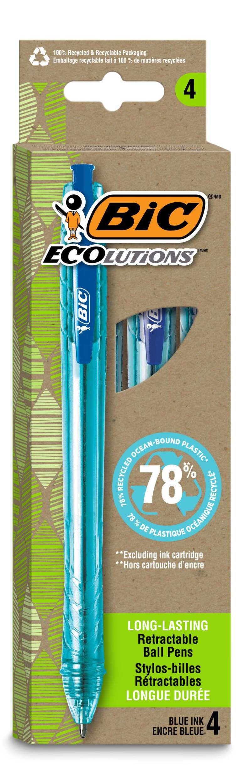 BIC Ecolutions Ocean Retractable Ball Pens, Blue, 4-ct Front_Flat