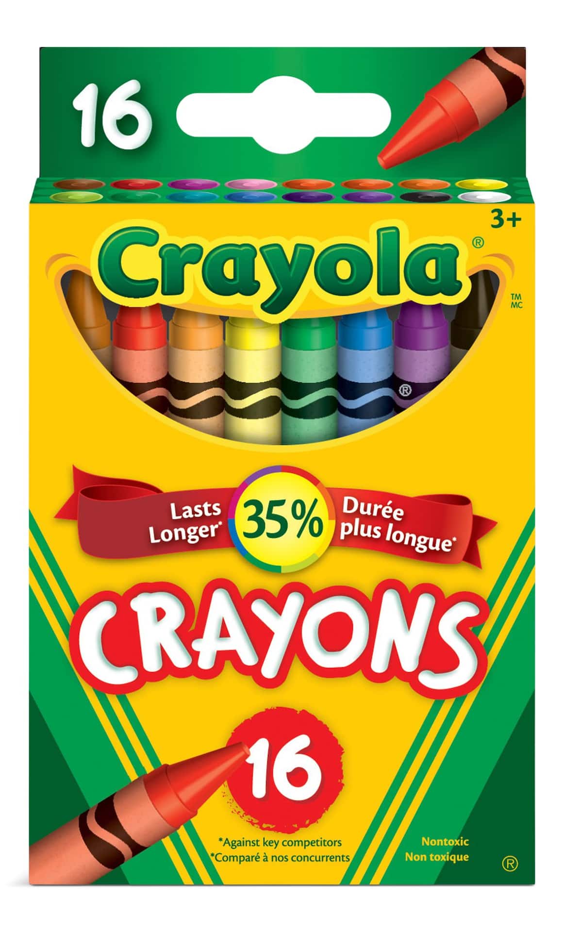 Crayons de cire Crayola, 16 couleurs, longue durée et non toxique, paq. de  16