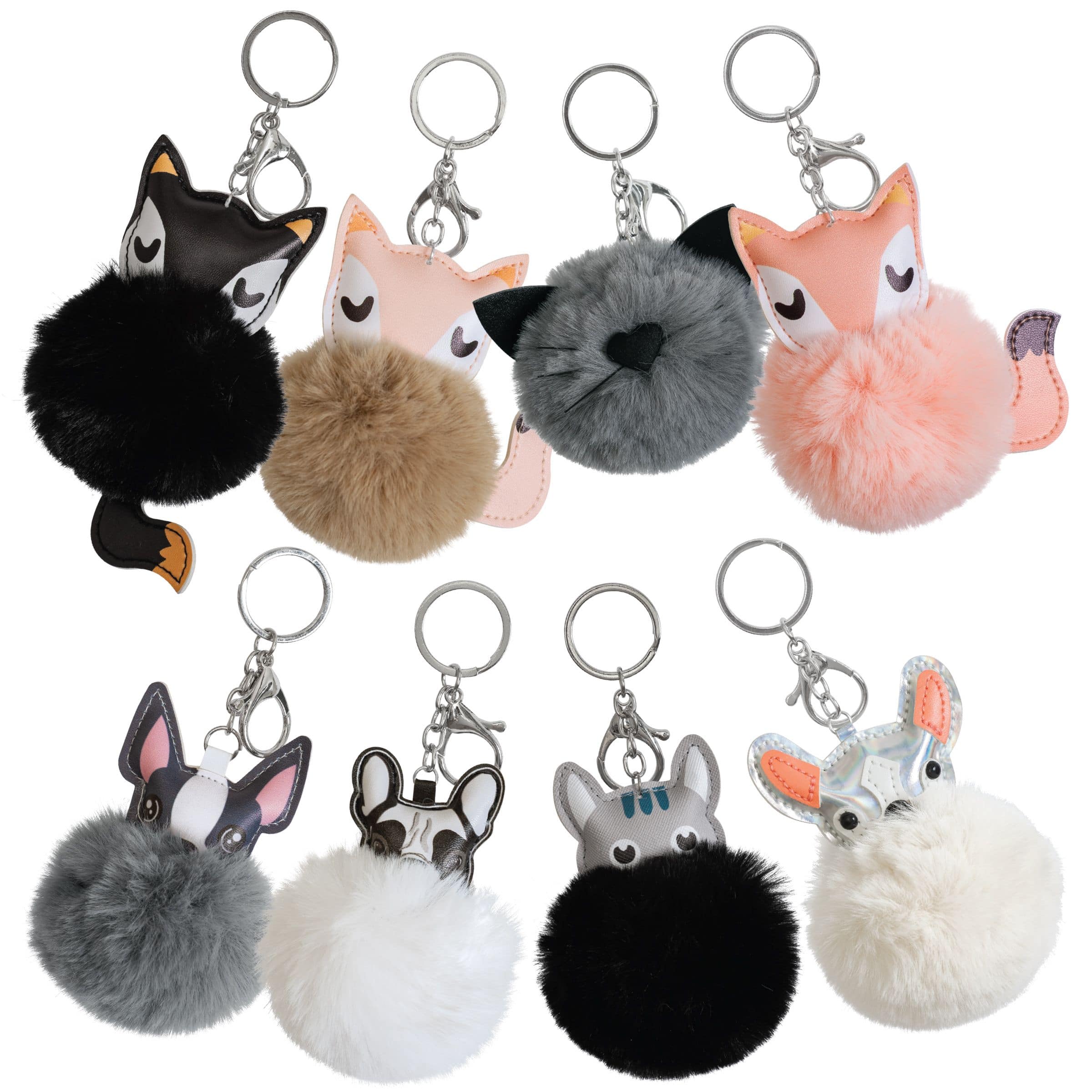 Dog, Cat or Fox Puff Keychains, Assorted, Multi-Colour