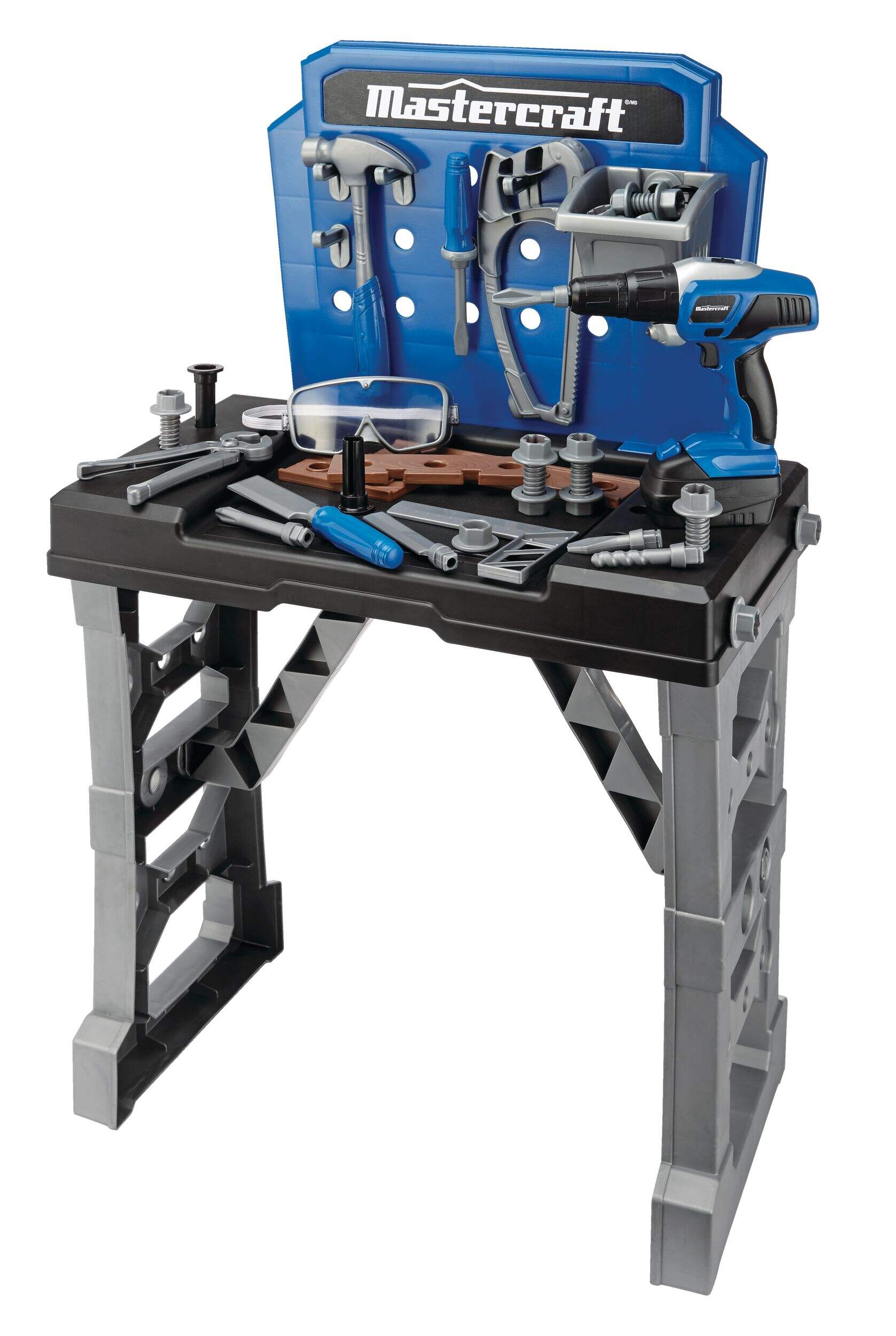 Mastercraft Deluxe Toy Tool & Work Bench w/Battery Operated Drill For Kids, Ages 3+ Front_Three_Fourths_Angled_Left