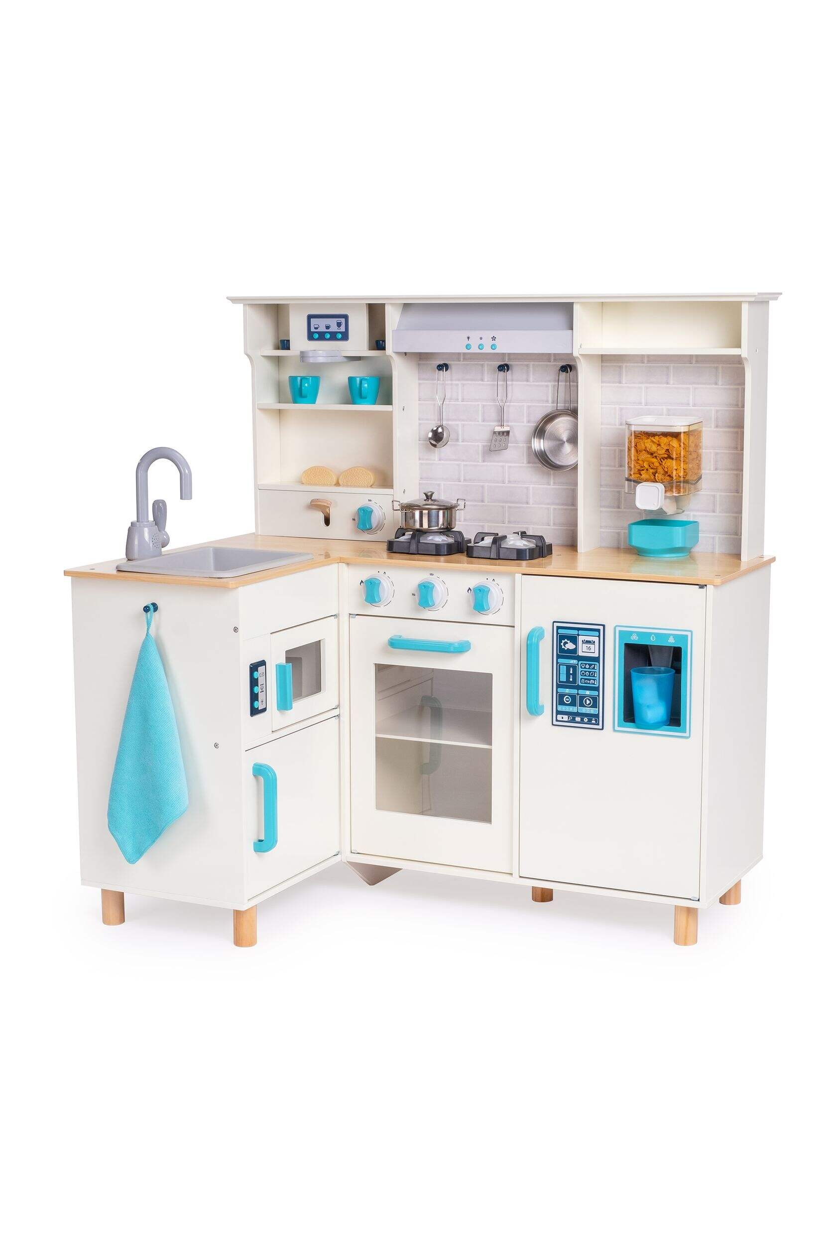 Deluxe Wooden Electronic Play Kitchen With Stainless Steel Accessories For Kids, Ages 3+ Front_Angled_Left