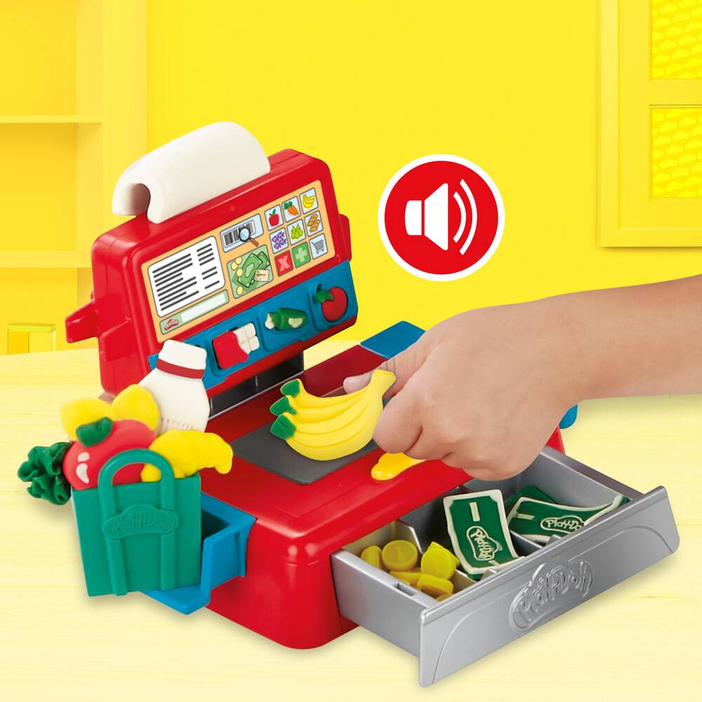 Hours of Grocery Store Fun Cash Drawer Play Money Scale Food Credit Cards Credit Card Reader 16 Piece Set Play Cash Register Toy with Lights and Sounds Cash Register for Kids with Scanner