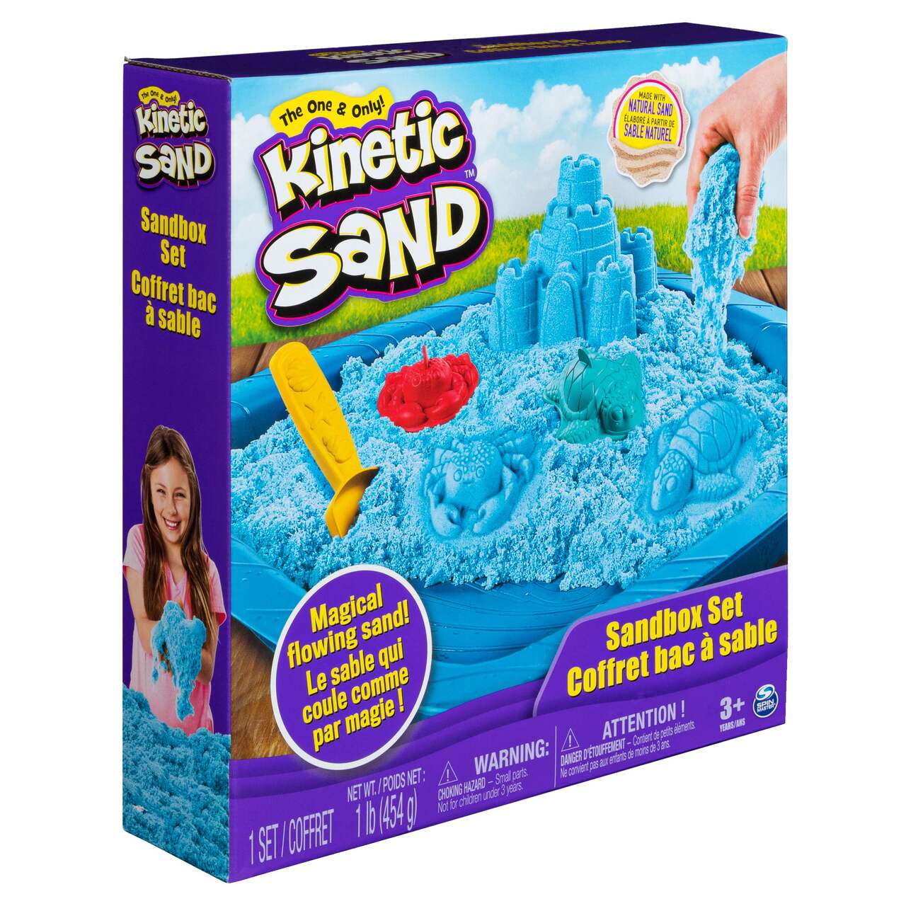Kinetic Sand Sandbox Set with Tools & Molds, Squeezable Sensory Sand, 1 lb,  3-pc, Ages 3+