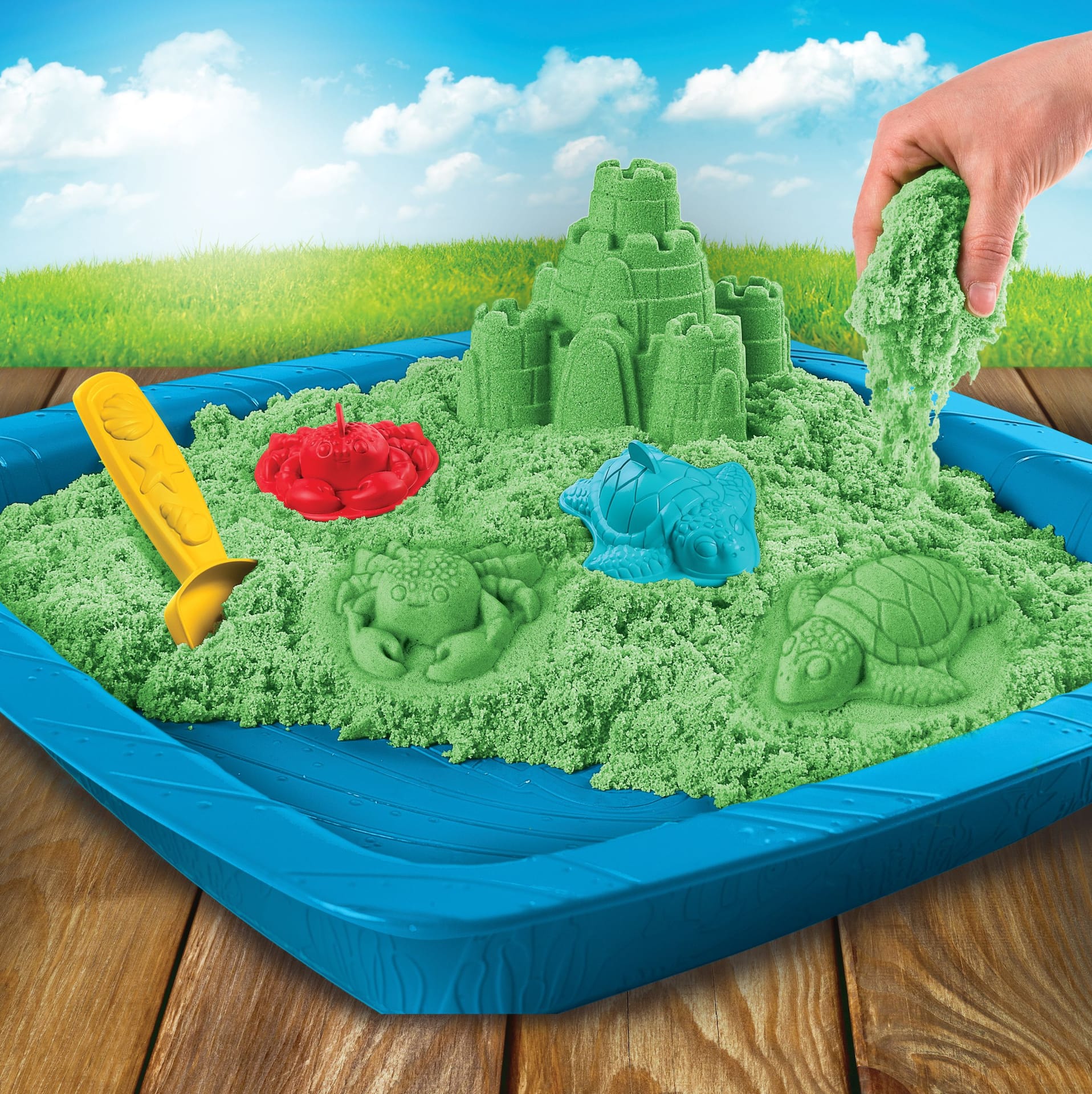 Kinetic Sand Sandbox Set with Tools Molds Squeezable Sensory Sand 1 lb 3 pc Ages 3 Party City