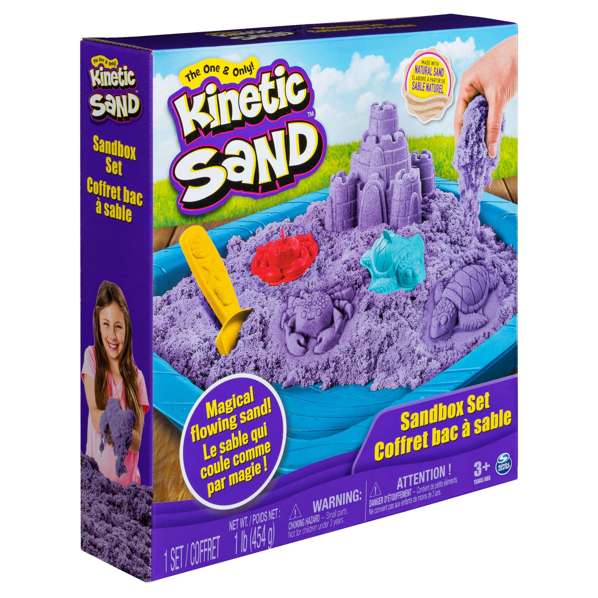 Kinetic Sand Sandbox Set with Tools & Molds, Squeezable Sensory Sand, 1 lb, 3-pc, Ages 3+ Front_Angled_Right
