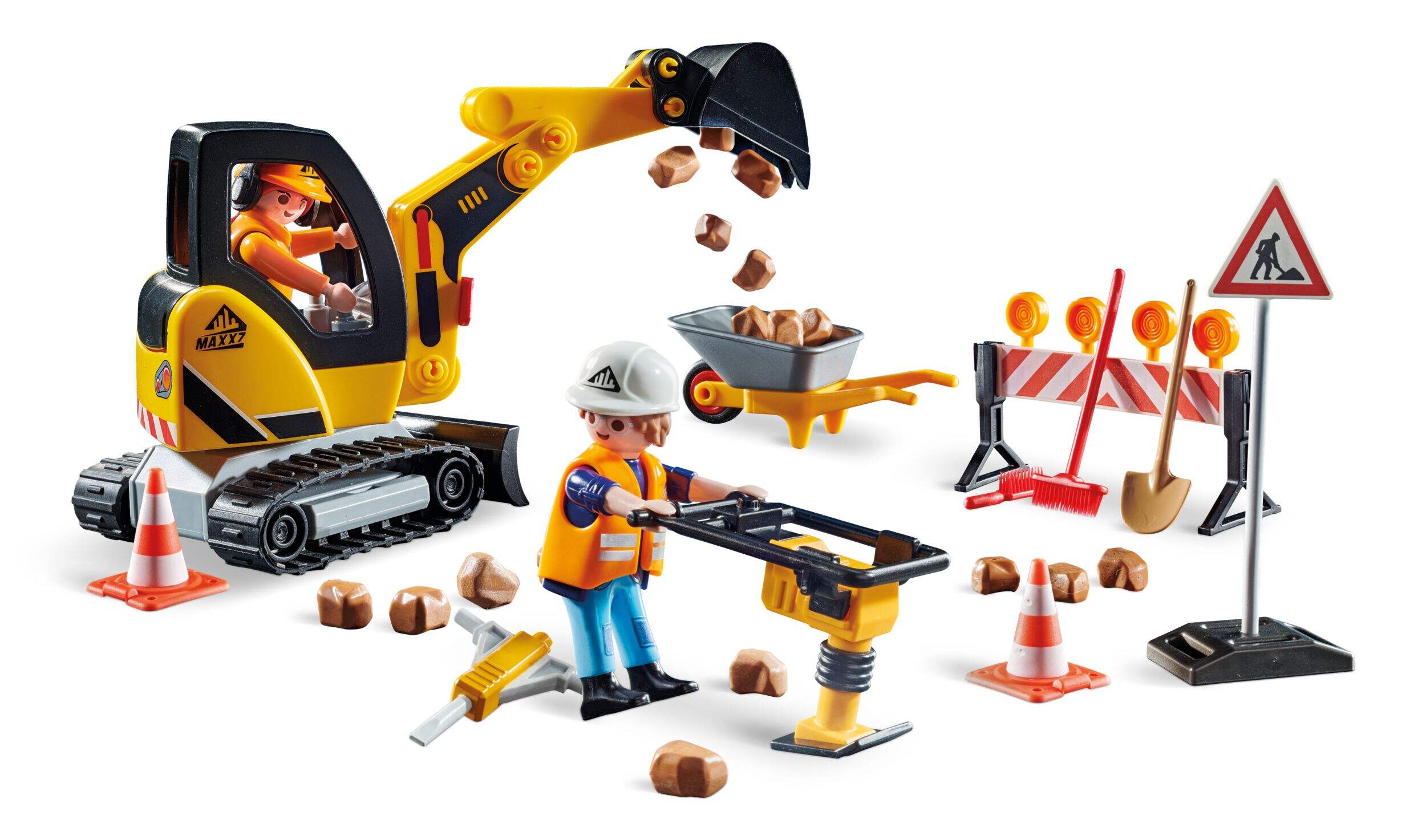 Construction routière Playmobil avec excavatrice et panneaux de barrière Composite_or_Mixed